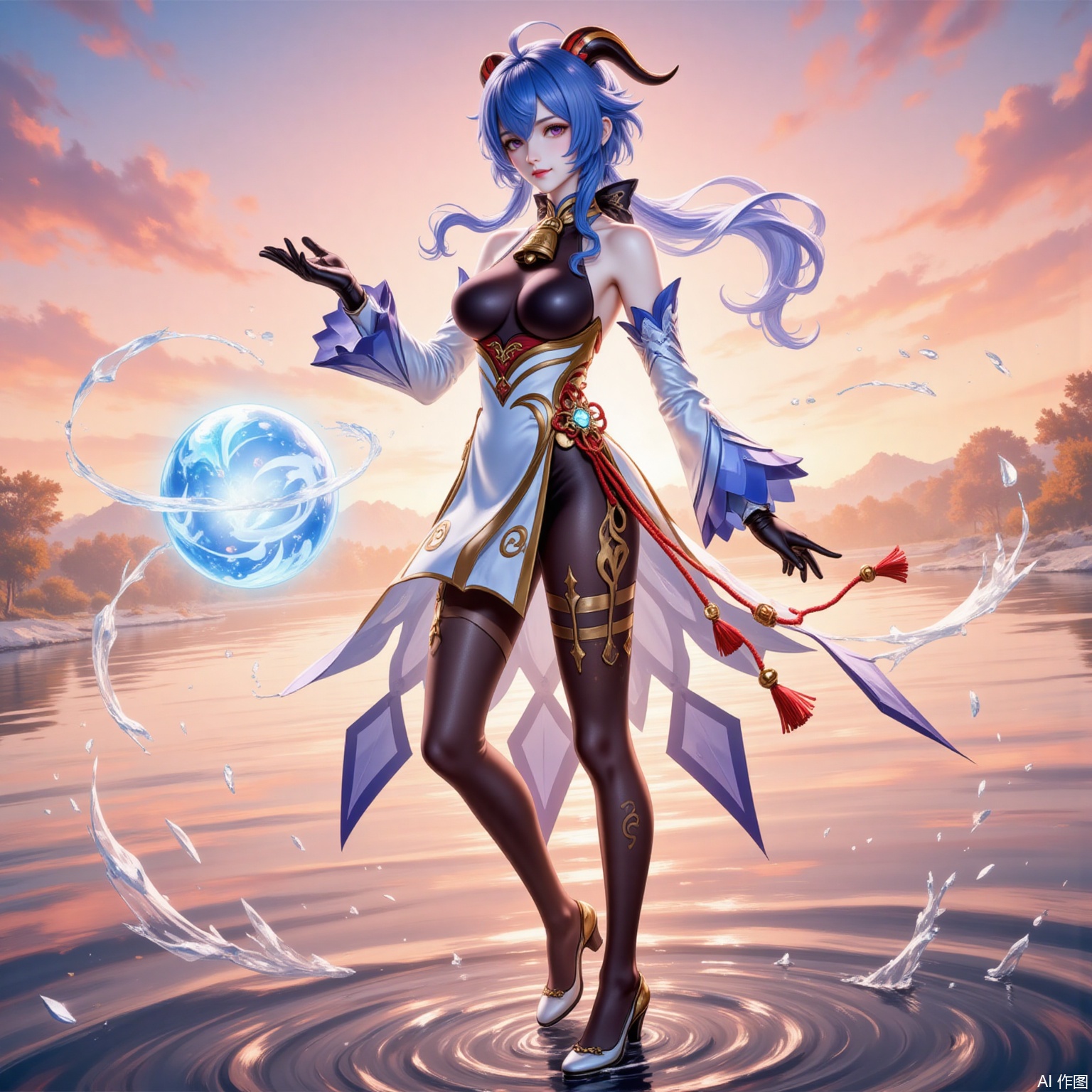 1girl, ganyu \(genshin impact\), solo, horns, long hair, breasts, blue hair, detached sleeves, bell, gloves, ahoge, orb, vision \(genshin impact\), gold trim, bare shoulders, looking at viewer, water, neck bell, high heels, black gloves, full body, tassel, thighlet, medium breasts, purple eyes, standing, smile, bodystocking, white sleeves, leotard, flower knot, sidelocks, chinese knot, pantyhose, goat horns, orange sky, leotard under clothes, waist cape, sunset, low ponytail, black pantyhose, black leotard, outdoors, long sleeves, sky, cowbell, standing on liquid, multicolored eyes, bow, closed mouth, blush,3,
cover,simple background,gradient_background,Close-up details,outstanding style,adding a touch of dimension to your images without compromising details,
lvjing,ganyu