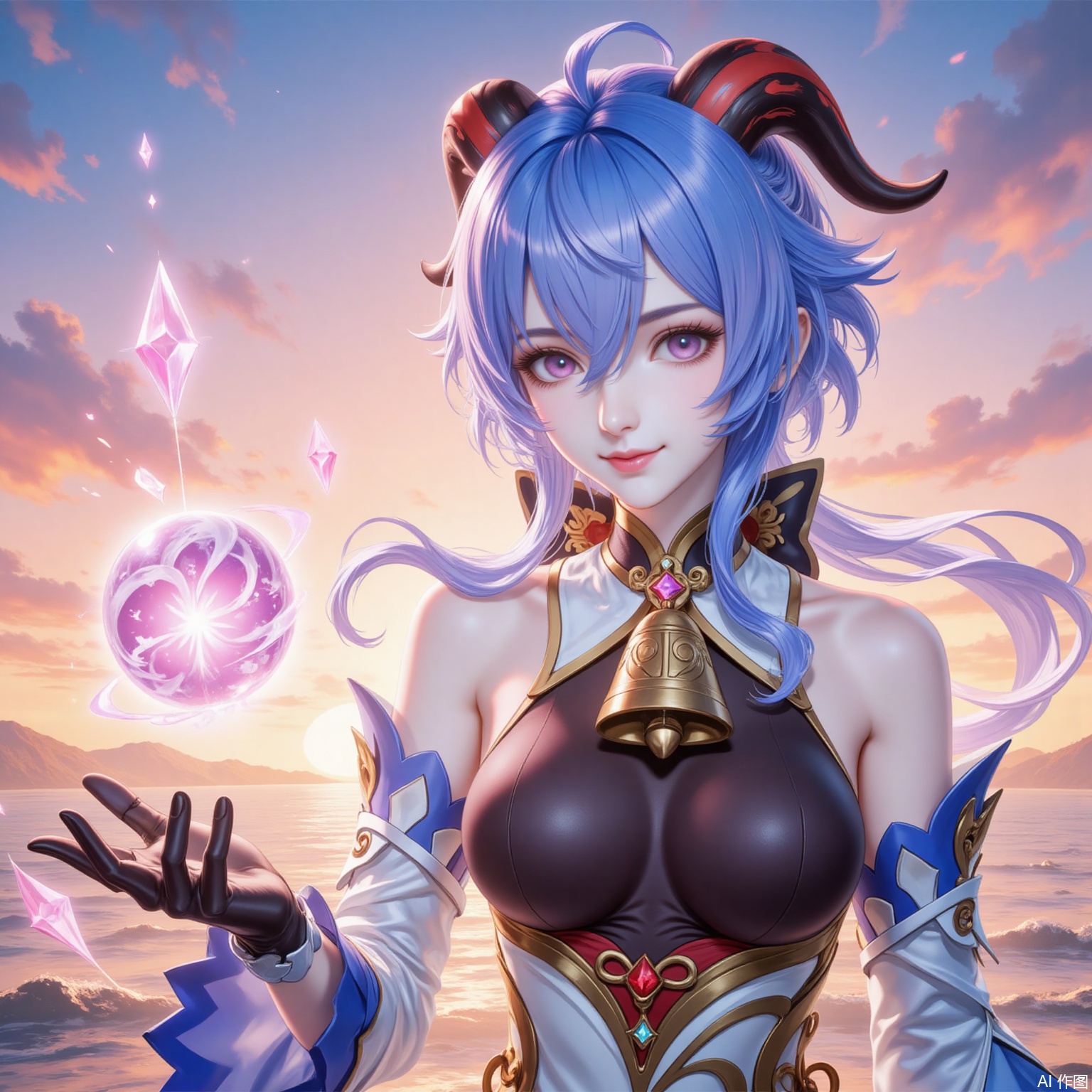 1girl, ganyu \(genshin impact\), solo, horns, breasts, blue hair, orb, long hair, detached sleeves, ahoge, gloves, bell, looking at viewer, bare shoulders, smile, black gloves, medium breasts, purple eyes, vision \(genshin impact\), bodystocking, neck bell, gold trim, sky, goat horns, sidelocks, sunset, white sleeves, outdoors, flower knot, ocean, water, hair between eyes, bow, orange sky, long sleeves, closed mouth,6
cover,simple background,gradient_background,Close-up details,outstanding style,adding a touch of dimension to your images without compromising details,
lvjing,ganyu