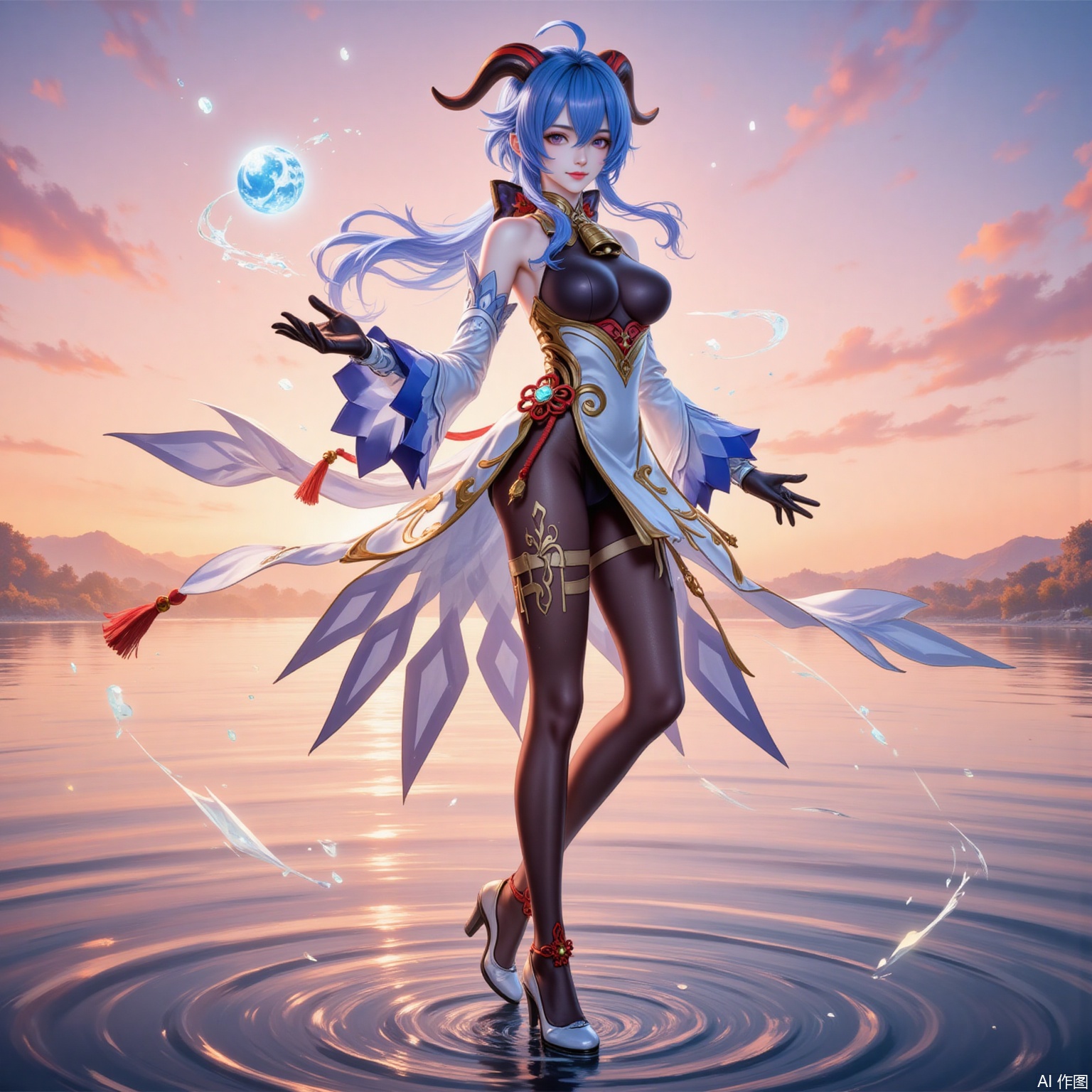 1girl, ganyu \(genshin impact\), solo, horns, long hair, breasts, blue hair, detached sleeves, bell, gloves, ahoge, orb, vision \(genshin impact\), gold trim, bare shoulders, looking at viewer, water, neck bell, high heels, black gloves, full body, tassel, thighlet, medium breasts, purple eyes, standing, smile, bodystocking, white sleeves, leotard, flower knot, sidelocks, chinese knot, pantyhose, goat horns, orange sky, leotard under clothes, waist cape, sunset, low ponytail, black pantyhose, black leotard, outdoors, long sleeves, sky, cowbell, standing on liquid, multicolored eyes, bow, closed mouth, blush,3,
cover,simple background,gradient_background,Close-up details,outstanding style,adding a touch of dimension to your images without compromising details,
lvjing,ganyu
