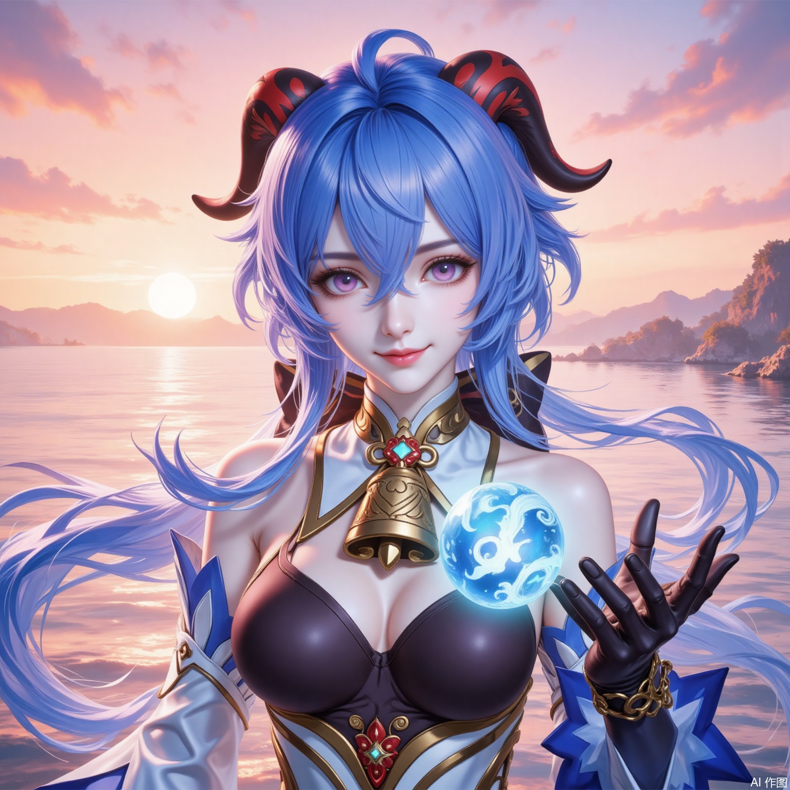 1girl, ganyu \(genshin impact\), solo, horns, breasts, blue hair, orb, long hair, detached sleeves, ahoge, gloves, bell, looking at viewer, bare shoulders, smile, black gloves, medium breasts, purple eyes, vision \(genshin impact\), bodystocking, neck bell, gold trim, sky, goat horns, sidelocks, sunset, white sleeves, outdoors, flower knot, ocean, water, hair between eyes, bow, orange sky, long sleeves, closed mouth,6
cover,simple background,gradient_background,Close-up details,outstanding style,adding a touch of dimension to your images without compromising details,
lvjing,ganyu
