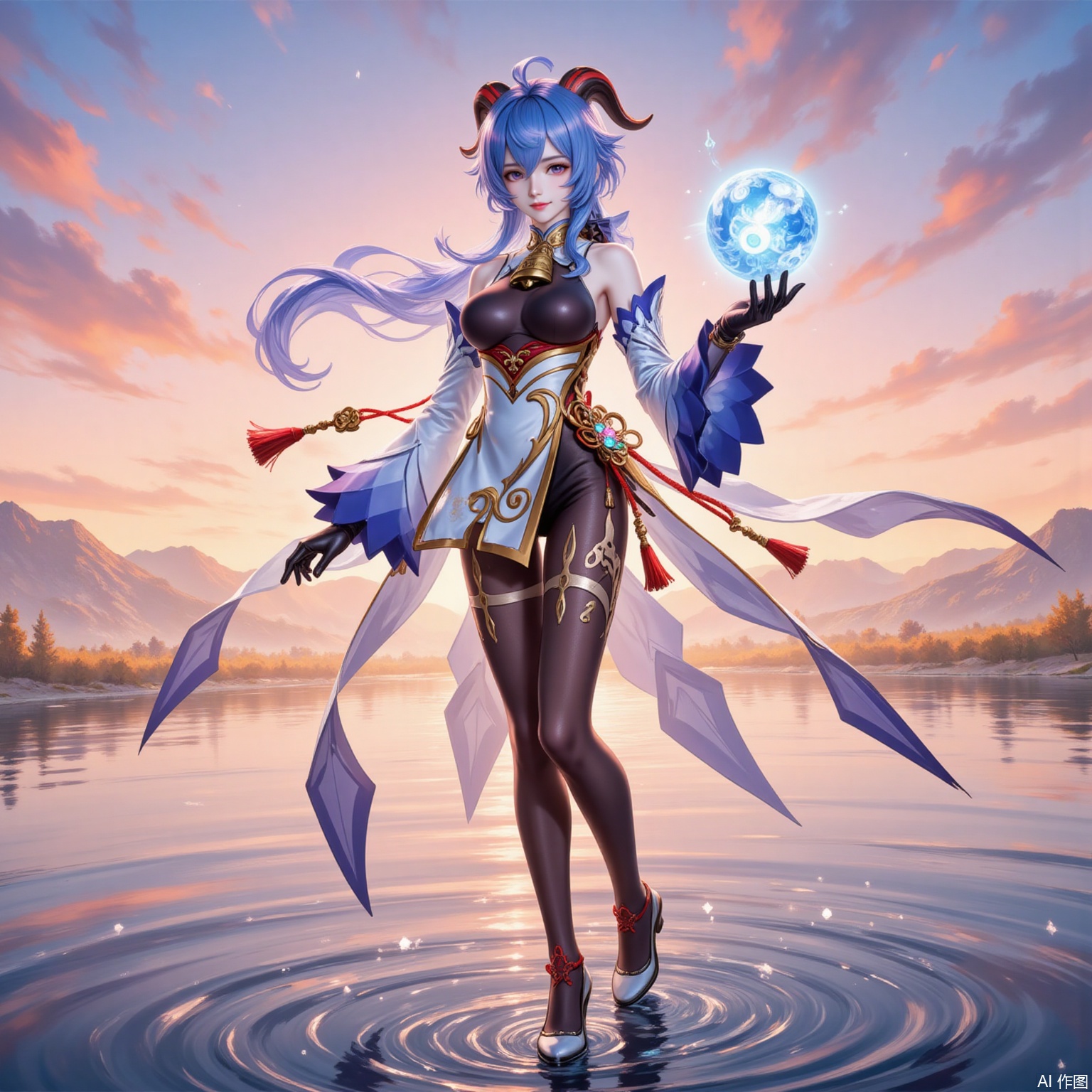 1girl, ganyu \(genshin impact\), solo, horns, long hair, breasts, blue hair, detached sleeves, bell, gloves, ahoge, orb, vision \(genshin impact\), gold trim, bare shoulders, looking at viewer, water, neck bell, high heels, black gloves, full body, tassel, thighlet, medium breasts, purple eyes, standing, smile, bodystocking, white sleeves, leotard, flower knot, sidelocks, chinese knot, pantyhose, goat horns, orange sky, leotard under clothes, waist cape, sunset, low ponytail, black pantyhose, black leotard, outdoors, long sleeves, sky, cowbell, standing on liquid, multicolored eyes, bow, closed mouth, blush,3,
cover,simple background,gradient_background,Close-up details,outstanding style,adding a touch of dimension to your images without compromising details,
lvjing,ganyu