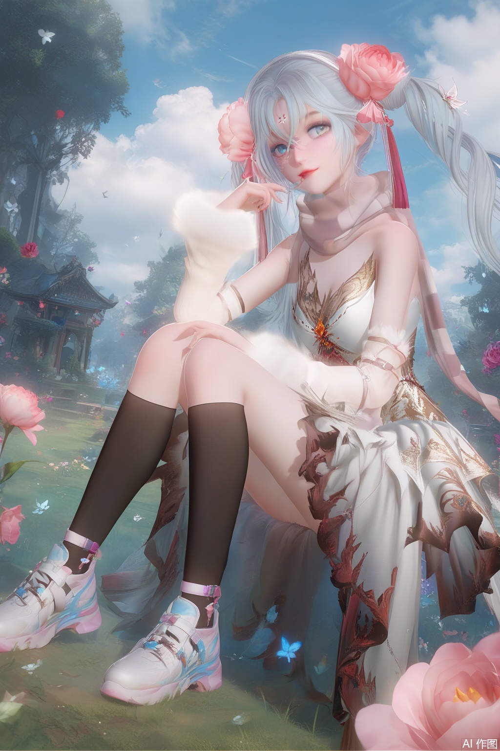 (score_9),score_8_up,score_7_up,masterpiece, best quality, masterpiece, realistic,1girl,solo,looking at viewer,bangs,blue eyes,hair ornament,detached sleeves,dress,hair between eyes,bare shoulders,twintails,flower,white hair,striped,hair flower,scarf,white dress,facial mark,strapless dress,pink flower,striped scarf,hand on own knee,elbow gloves,happiness,puffy sleeves,cloud,black kneehighs,asymmetrical kneehighs,shoes,lawn,nature,board,