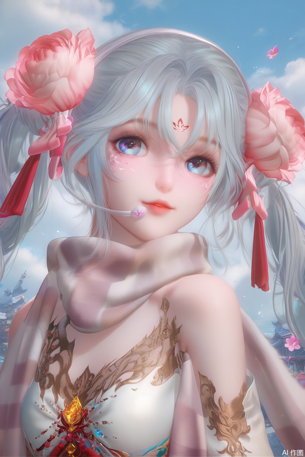 (score_9),score_8_up,score_7_up,1girl,solo,looking at viewer,bangs,blue eyes,hair ornament,bare shoulders,twintails,flower,white hair,striped,hair flower,scarf,facial mark,pink flower,striped scarf,(happiness:1.15),portrait,cloud