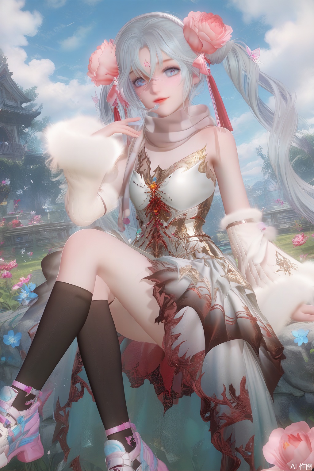 (score_9),score_8_up,score_7_up,masterpiece, best quality, masterpiece, realistic,1girl,solo,looking at viewer,bangs,blue eyes,hair ornament,detached sleeves,dress,hair between eyes,bare shoulders,twintails,flower,white hair,striped,hair flower,scarf,white dress,facial mark,strapless dress,pink flower,striped scarf,hand on own knee,elbow gloves,happiness,puffy sleeves,cloud,black kneehighs,asymmetrical kneehighs,shoes,lawn,nature,board,
