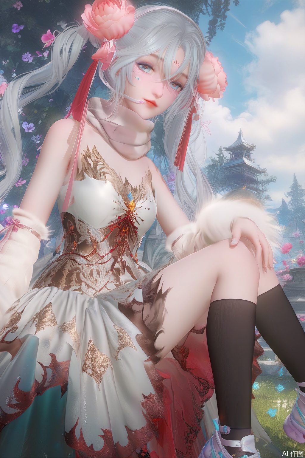(score_9),score_8_up,score_7_up,masterpiece, best quality, masterpiece, realistic,1girl,solo,looking at viewer,bangs,blue eyes,hair ornament,detached sleeves,dress,hair between eyes,bare shoulders,twintails,flower,white hair,striped,hair flower,scarf,white dress,facial mark,strapless dress,pink flower,striped scarf,hand on own knee,elbow gloves,happiness,puffy sleeves,cloud,black kneehighs,asymmetrical kneehighs,shoes,lawn,nature,board,