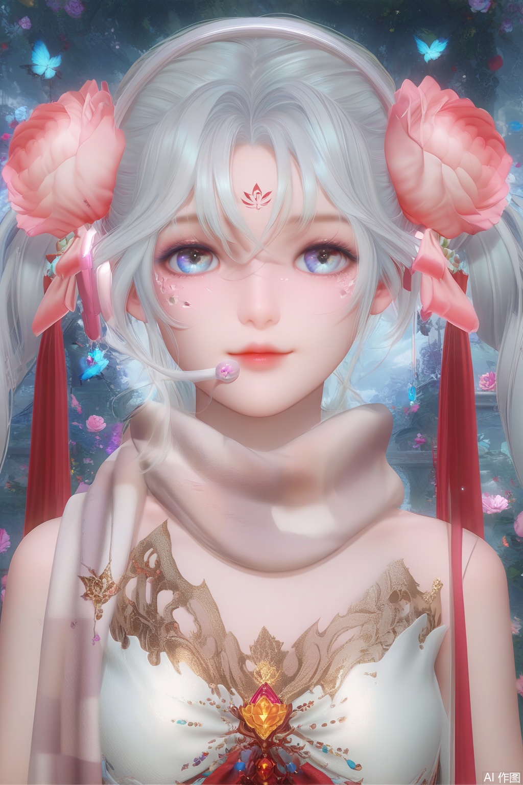 (score_9),score_8_up,score_7_up,masterpiece, best quality, masterpiece, realistic,1girl,solo,looking at viewer,bangs,blue eyes,hair ornament,bare shoulders,twintails,flower,white hair,striped,hair flower,scarf,facial mark,pink flower,striped scarf,happiness,portrait