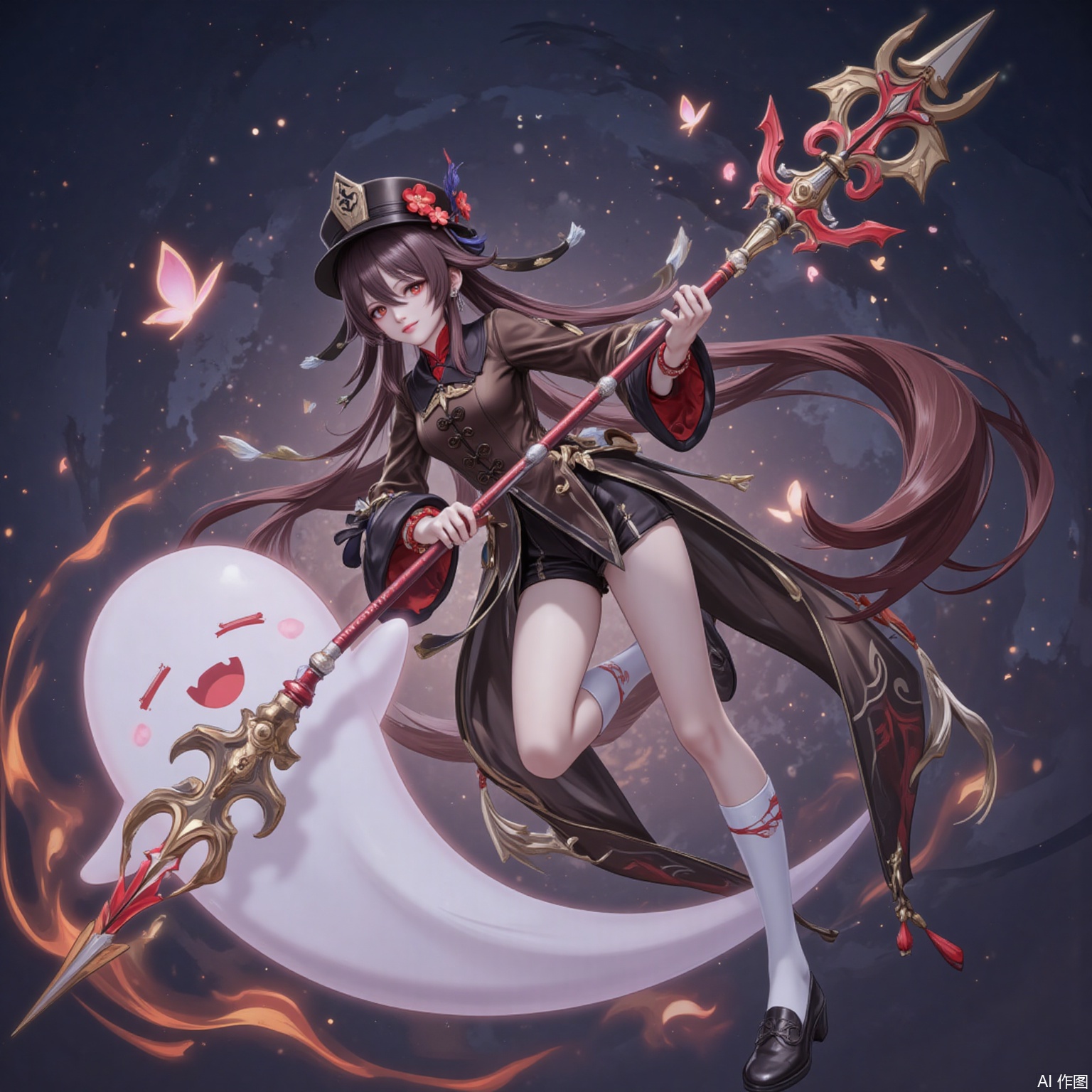 1girl, hu tao \(genshin impact\), boo tao \(genshin impact\), weapon, ghost, white socks, hat, socks, long hair, brown hair, red eyes, polearm, holding weapon, holding, twintails, full body, looking at viewer, symbol-shaped pupils, shorts, jewelry, ring, long sleeves, solo, butterfly, hat flower, flower, flower-shaped pupils, holding polearm, bug, multiple rings, shoes, black footwear, chinese clothes, black nails, black headwear, black shorts, coattails, porkpie hat, very long hair, bead bracelet, smile, plum blossoms, bracelet, brown coat, breasts, coat, beads, night, small breasts, tassel, spear, hair between eyes, tailcoat,14,
cover,simple background,gradient_background,Close-up details,outstanding style,adding a touch of dimension to your images without compromising details,
lvjing,youla,hutao,