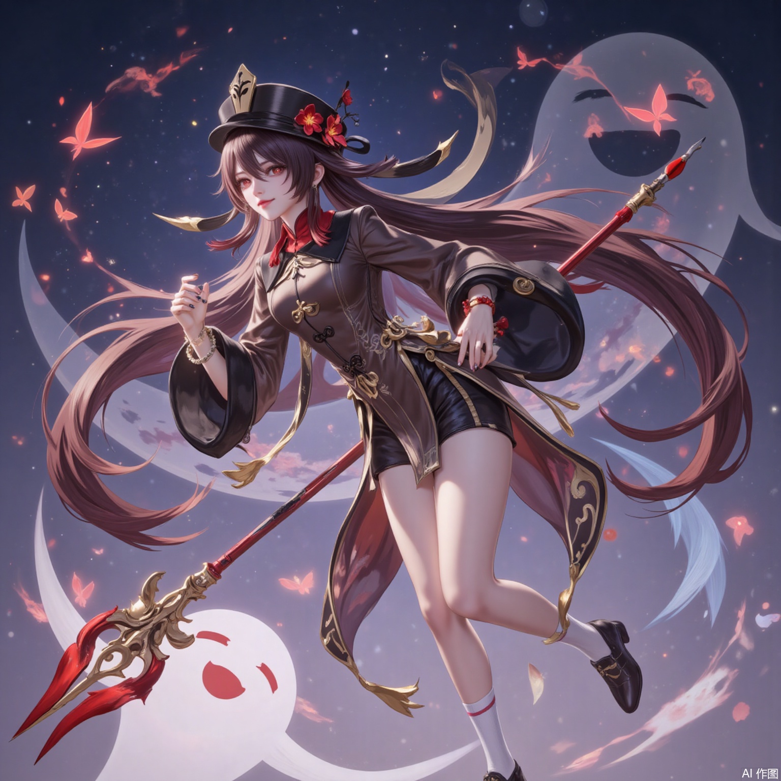 1girl, hu tao \(genshin impact\), boo tao \(genshin impact\), weapon, ghost, white socks, hat, socks, long hair, brown hair, red eyes, polearm, holding weapon, holding, twintails, full body, looking at viewer, symbol-shaped pupils, shorts, jewelry, ring, long sleeves, solo, butterfly, hat flower, flower, flower-shaped pupils, holding polearm, bug, multiple rings, shoes, black footwear, chinese clothes, black nails, black headwear, black shorts, coattails, porkpie hat, very long hair, bead bracelet, smile, plum blossoms, bracelet, brown coat, breasts, coat, beads, night, small breasts, tassel, spear, hair between eyes, tailcoat,14,
cover,simple background,gradient_background,Close-up details,outstanding style,adding a touch of dimension to your images without compromising details,
lvjing,youla,hutao,