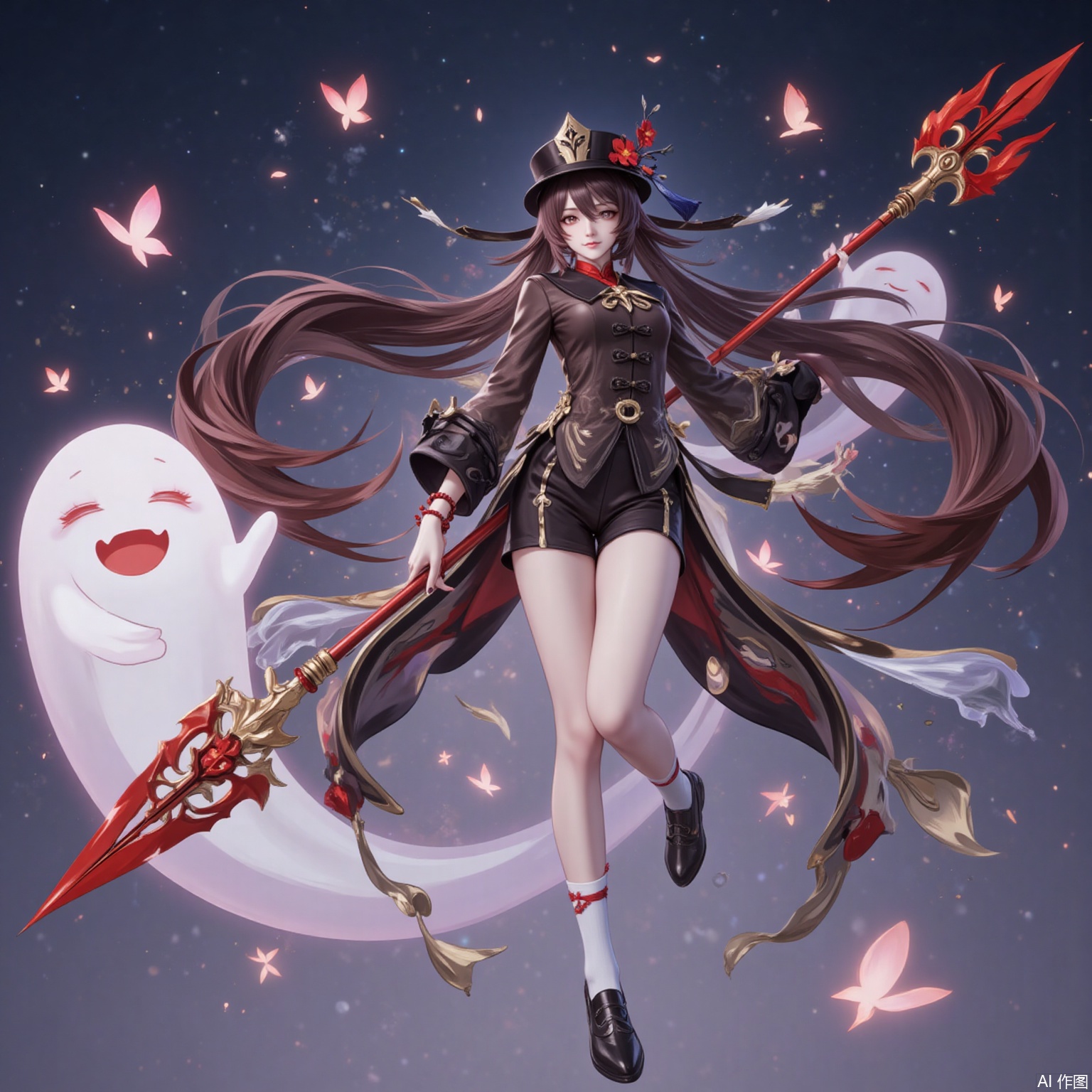 1girl, hu tao \(genshin impact\), boo tao \(genshin impact\), weapon, ghost, white socks, hat, socks, long hair, brown hair, red eyes, polearm, holding weapon, holding, twintails, full body, looking at viewer, symbol-shaped pupils, shorts, jewelry, ring, long sleeves, solo, butterfly, hat flower, flower, flower-shaped pupils, holding polearm, bug, multiple rings, shoes, black footwear, chinese clothes, black nails, black headwear, black shorts, coattails, porkpie hat, very long hair, bead bracelet, smile, plum blossoms, bracelet, brown coat, breasts, coat, beads, night, small breasts, tassel, spear, hair between eyes, tailcoat,14,
cover,simple background,gradient_background,Close-up details,outstanding style,adding a touch of dimension to your images without compromising details,
lvjing,youla,hutao,