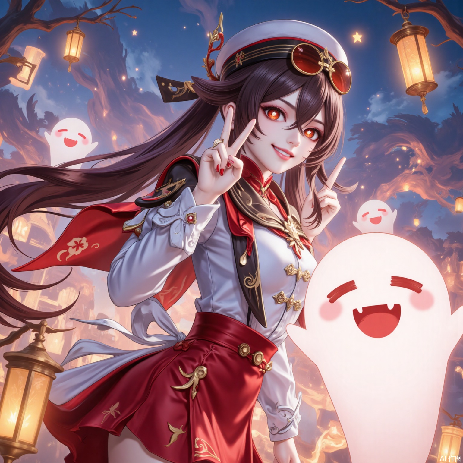 1girl, boo tao \(genshin impact\), hu tao \(genshin impact\), night, smile, brown hair, long hair, ghost, flower-shaped pupils, twintails, hat, night sky, symbol-shaped pupils, red eyes, sky, sunglasses, v, long sleeves, solo, looking at viewer, official alternate costume, eyewear on head, alternate costume, skirt, grin, lantern, outdoors, red skirt, ring, jewelry, star \(sky\), hair between eyes, nail polish, white headwear, shirt,20,
cover,simple background,gradient_background,Close-up details,outstanding style,adding a touch of dimension to your images without compromising details,
lvjing,youla,hutao,
