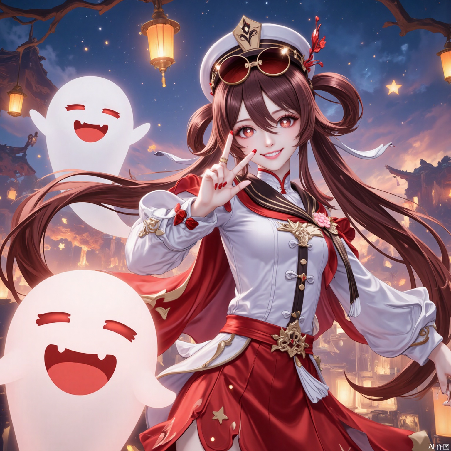 1girl, boo tao \(genshin impact\), hu tao \(genshin impact\), night, smile, brown hair, long hair, ghost, flower-shaped pupils, twintails, hat, night sky, symbol-shaped pupils, red eyes, sky, sunglasses, v, long sleeves, solo, looking at viewer, official alternate costume, eyewear on head, alternate costume, skirt, grin, lantern, outdoors, red skirt, ring, jewelry, star \(sky\), hair between eyes, nail polish, white headwear, shirt,20,
cover,simple background,gradient_background,Close-up details,outstanding style,adding a touch of dimension to your images without compromising details,
lvjing,youla,hutao,
