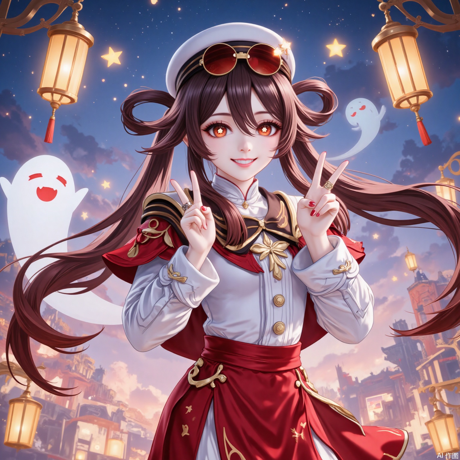 1girl, boo tao \(genshin impact\), hu tao \(genshin impact\), night, smile, brown hair, long hair, ghost, flower-shaped pupils, twintails, hat, night sky, symbol-shaped pupils, red eyes, sky, sunglasses, v, long sleeves, solo, looking at viewer, official alternate costume, eyewear on head, alternate costume, skirt, grin, lantern, outdoors, red skirt, ring, jewelry, star \(sky\), hair between eyes, nail polish, white headwear, shirt,20,
cover,simple background,gradient_background,Close-up details,outstanding style,adding a touch of dimension to your images without compromising details,
lvjing,youla,hutao,