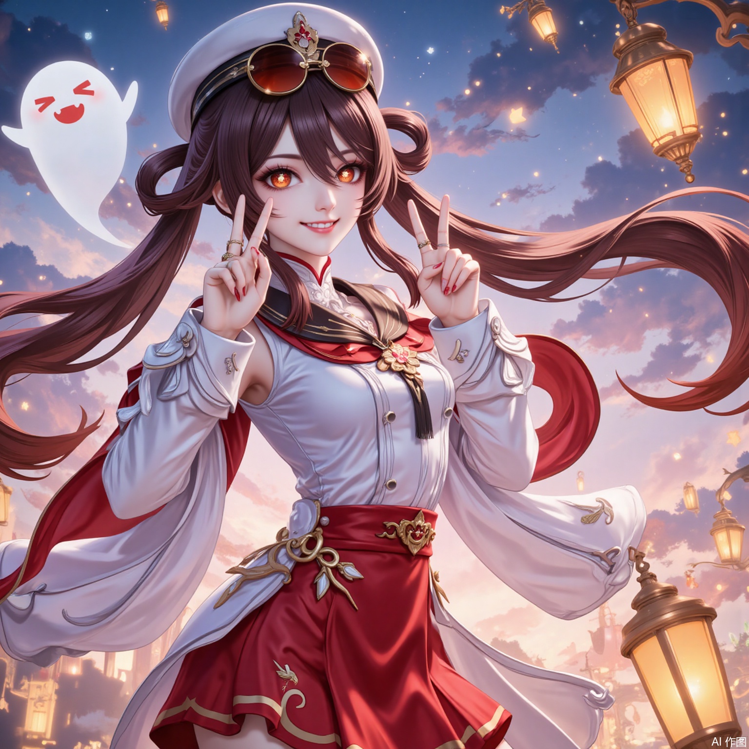 1girl, boo tao \(genshin impact\), hu tao \(genshin impact\), night, smile, brown hair, long hair, ghost, flower-shaped pupils, twintails, hat, night sky, symbol-shaped pupils, red eyes, sky, sunglasses, v, long sleeves, solo, looking at viewer, official alternate costume, eyewear on head, alternate costume, skirt, grin, lantern, outdoors, red skirt, ring, jewelry, star \(sky\), hair between eyes, nail polish, white headwear, shirt,20,
cover,simple background,gradient_background,Close-up details,outstanding style,adding a touch of dimension to your images without compromising details,
lvjing,youla,hutao,