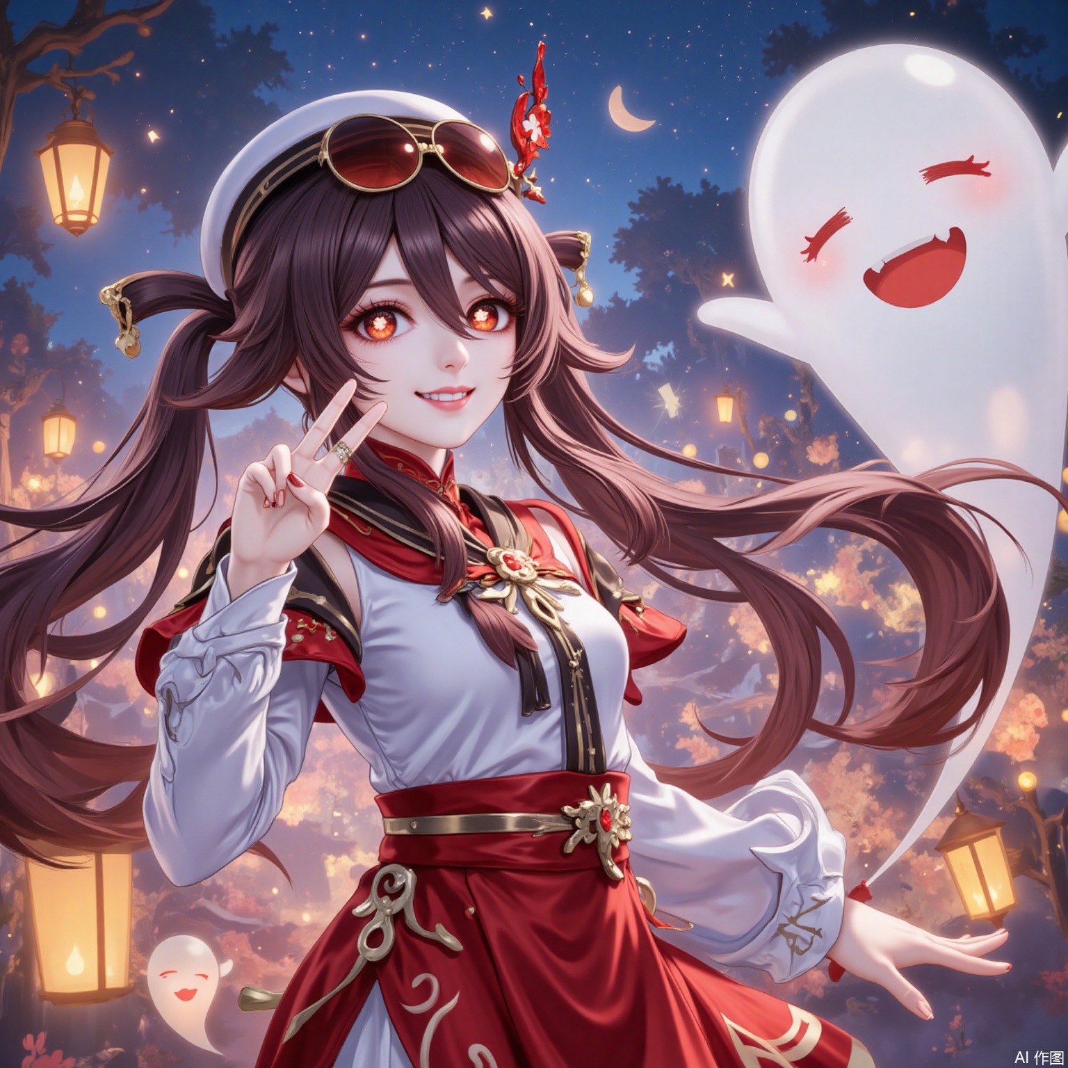 1girl, boo tao \(genshin impact\), hu tao \(genshin impact\), night, smile, brown hair, long hair, ghost, flower-shaped pupils, twintails, hat, night sky, symbol-shaped pupils, red eyes, sky, sunglasses, v, long sleeves, solo, looking at viewer, official alternate costume, eyewear on head, alternate costume, skirt, grin, lantern, outdoors, red skirt, ring, jewelry, star \(sky\), hair between eyes, nail polish, white headwear, shirt,20,
cover,simple background,gradient_background,Close-up details,outstanding style,adding a touch of dimension to your images without compromising details,
lvjing,youla,hutao,