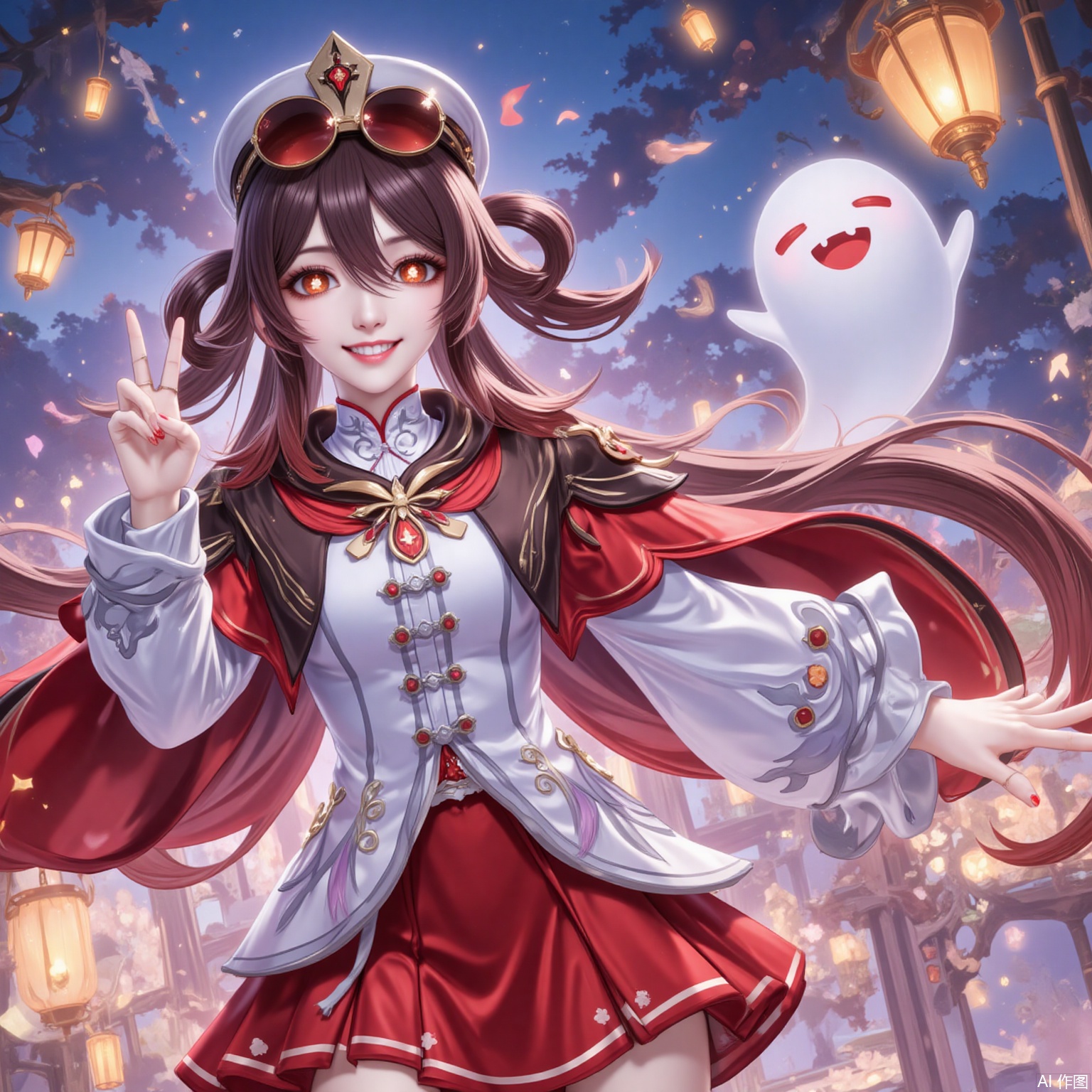 1girl, boo tao \(genshin impact\), hu tao \(genshin impact\), night, smile, brown hair, long hair, ghost, flower-shaped pupils, twintails, hat, night sky, symbol-shaped pupils, red eyes, sky, sunglasses, v, long sleeves, solo, looking at viewer, official alternate costume, eyewear on head, alternate costume, skirt, grin, lantern, outdoors, red skirt, ring, jewelry, star \(sky\), hair between eyes, nail polish, white headwear, shirt,20,
cover,simple background,gradient_background,Close-up details,outstanding style,adding a touch of dimension to your images without compromising details,
lvjing,youla,hutao,