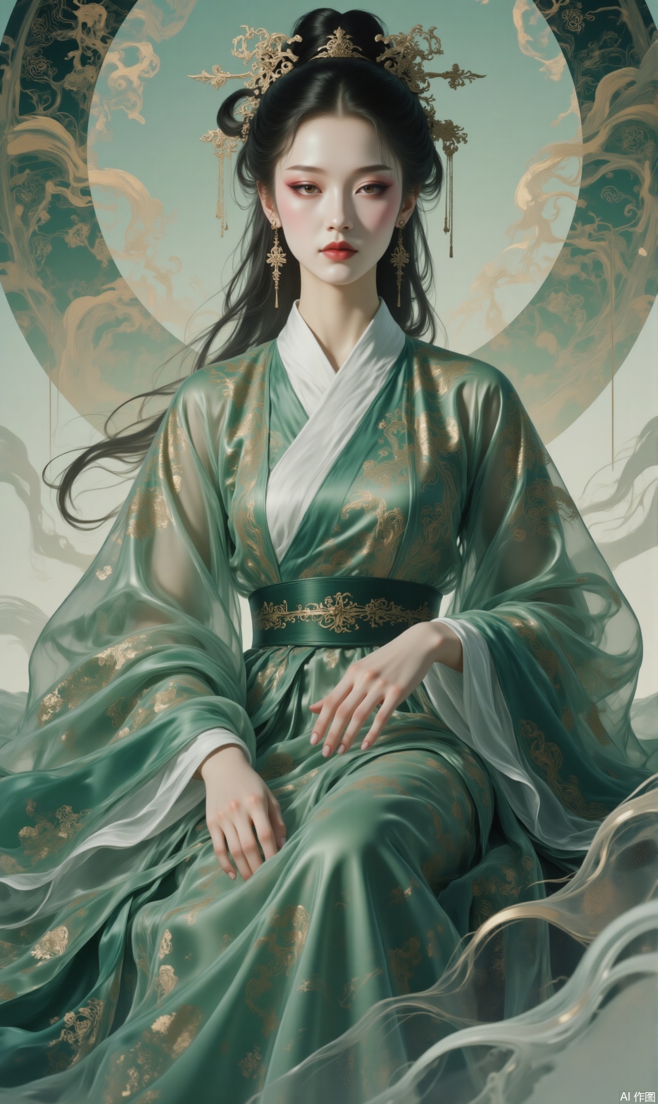 1girl, solo, long hair, black hair, hair ornament, long sleeves, dress, jewelry, sitting, upper body, earrings, sash, expressionless, chinese clothes, green theme,hanfu