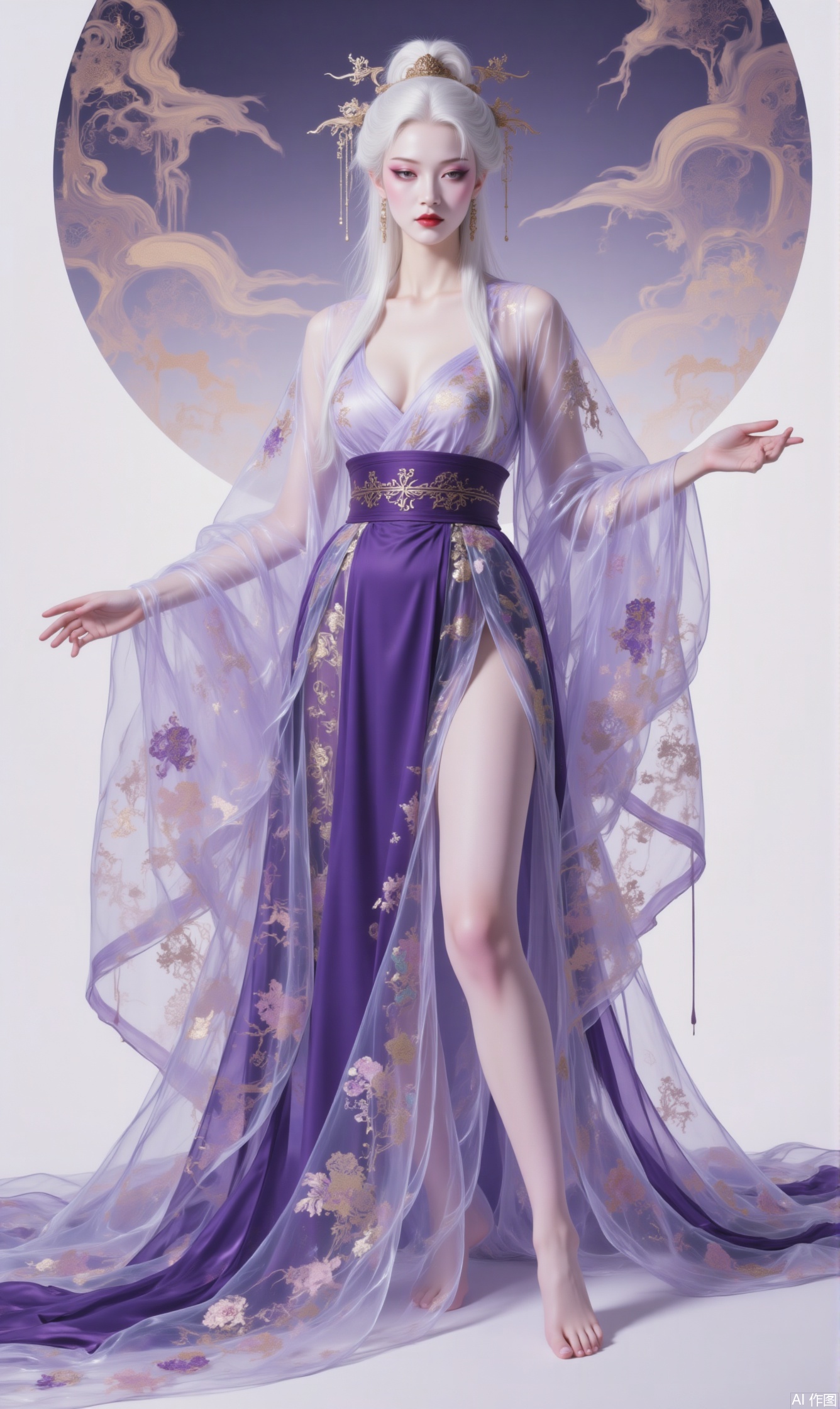 1girl, solo, long hair, white hair, hair ornament, long sleeves, cleavage, bare shoulders, full body,long legs, makeup, chinese clothes, purple dress, red lips, hanfu,purple theme,fairy