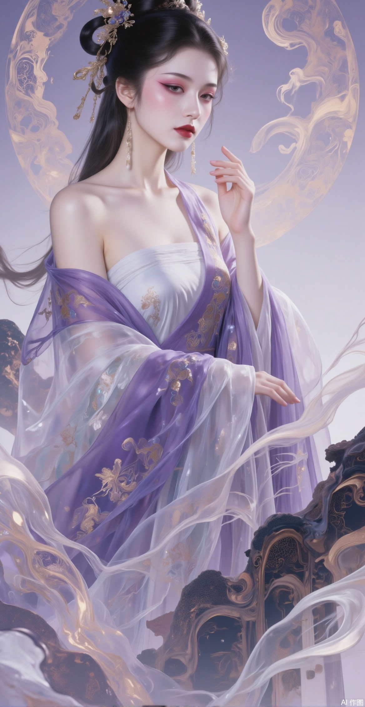 1girl, solo, long hair, black hair, hair ornament, long sleeves, dress, bare shoulders, upper body, makeup, chinese clothes, instrument, purple dress, red lips, hanfu,fairy,purple theme