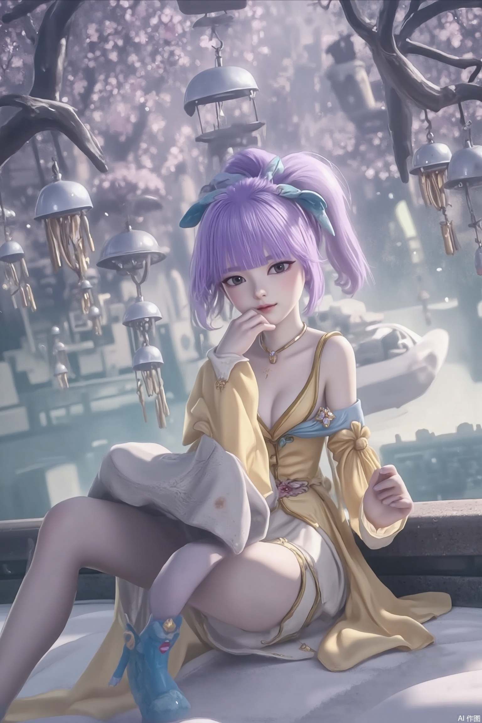 Quiet fairyland scene: a stunning beauty is sitting, and her delicate purple hair cleverly outlines her face. She has a book in her hand. Her charming posture shows her outstanding temperament. It complements the soft sunshine around her. In the distance, plum blossoms in full bloom and wind chimes hanging on them add a touch of vitality to the quiet scenery, as if frozen in time.1 girl, solo, purple hair, pantyhose, boots, blunt bangs, black eyes, single bun, yellow skirt, long sleeves and headdress.Close-up of the upper body,Updo,There is no hair on the shoulders.