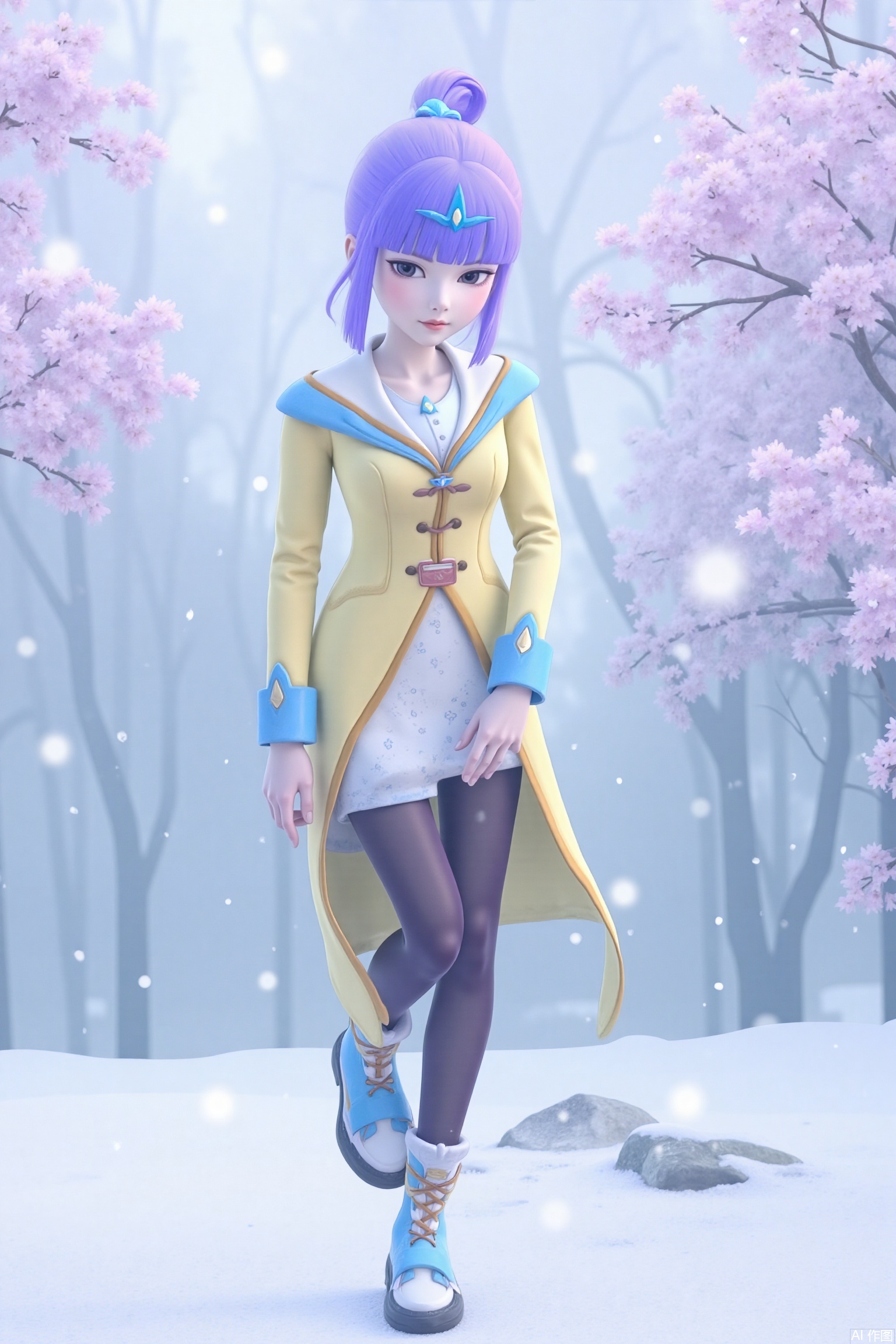 Quiet winter wonderland scene: a stunning beauty is standing, and her delicate purple hair cleverly outlines her face. Her charming posture shows her outstanding temperament. It complements the soft snowfall around her. In the distance, the blooming plum blossoms add a vibrant color to the quiet scenery, as if frozen in time.1 girl, solo, purple hair, pantyhose, boots, blunt bangs, black eyes, single bun, yellow skirt, long sleeves and headdress.be seated