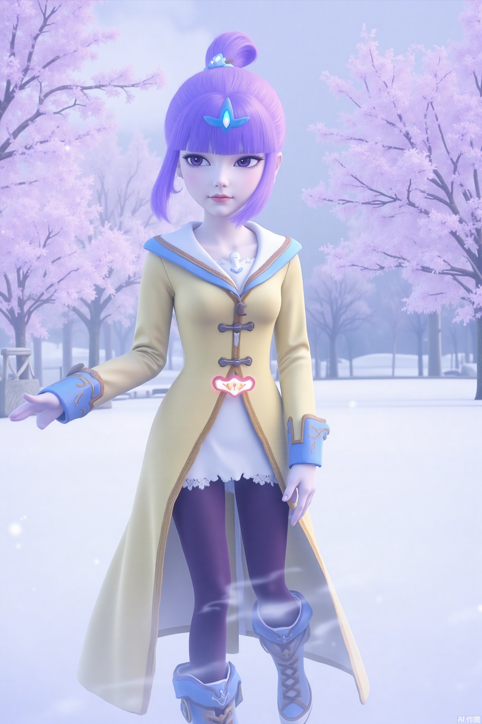 Quiet winter wonderland scene: a stunning beauty is standing, and her delicate purple hair cleverly outlines her face. Her charming posture shows her outstanding temperament. It complements the soft snowfall around her. In the distance, the blooming plum blossoms add a vibrant color to the quiet scenery, as if frozen in time.1 girl, solo, purple hair, pantyhose, boots, blunt bangs, black eyes, single bun, yellow skirt, long sleeves and headdress.