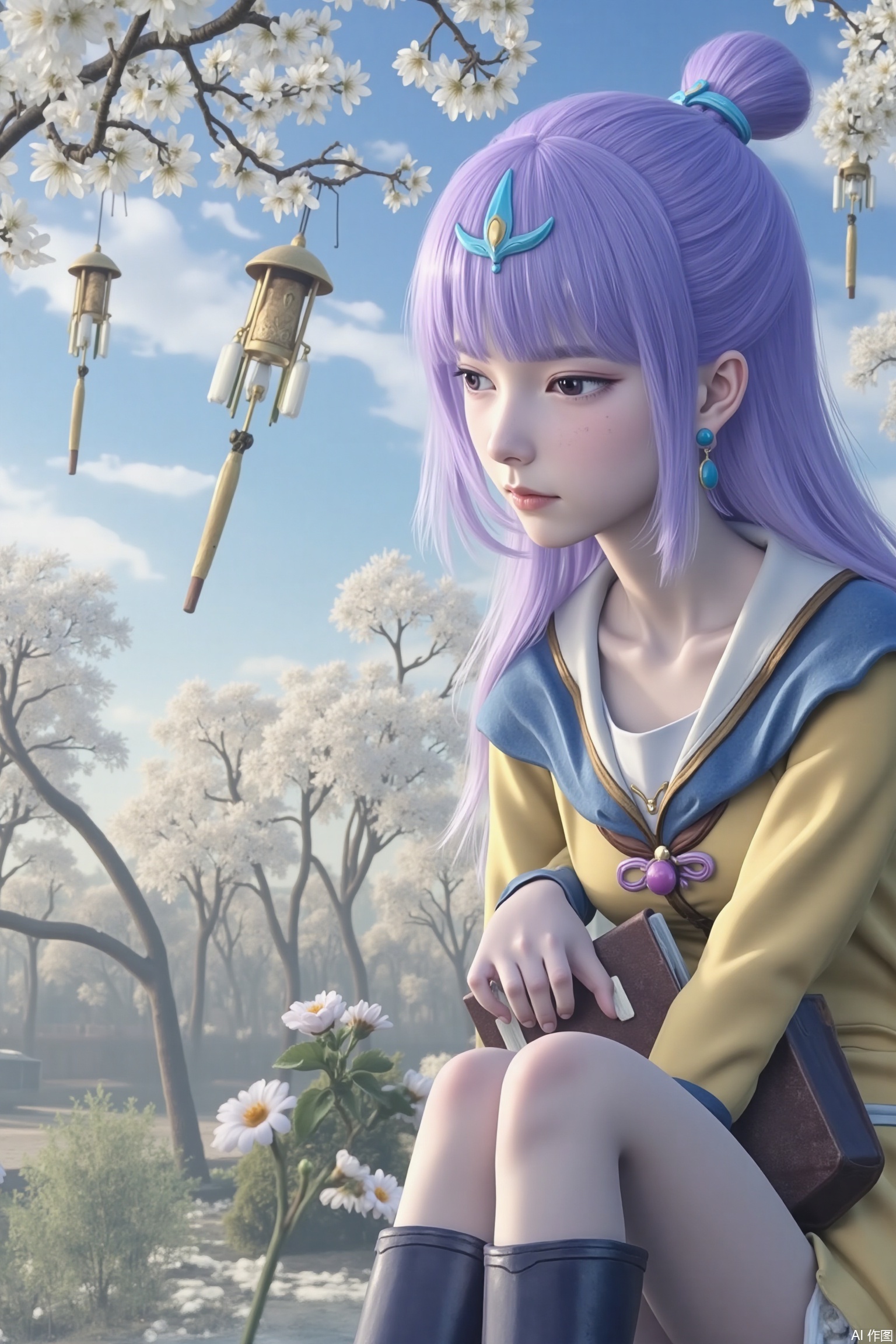 Quiet fairyland scene: a stunning beauty is sitting, and her delicate purple hair cleverly outlines her face. She has a book in her hand. Her charming posture shows her outstanding temperament. It complements the soft sunshine around her. In the distance, plum blossoms in full bloom and wind chimes hanging on them add a touch of vitality to the quiet scenery, as if frozen in time.1 girl, solo, purple hair, pantyhose, boots, blunt bangs, black eyes, single bun, yellow skirt, long sleeves and headdress.