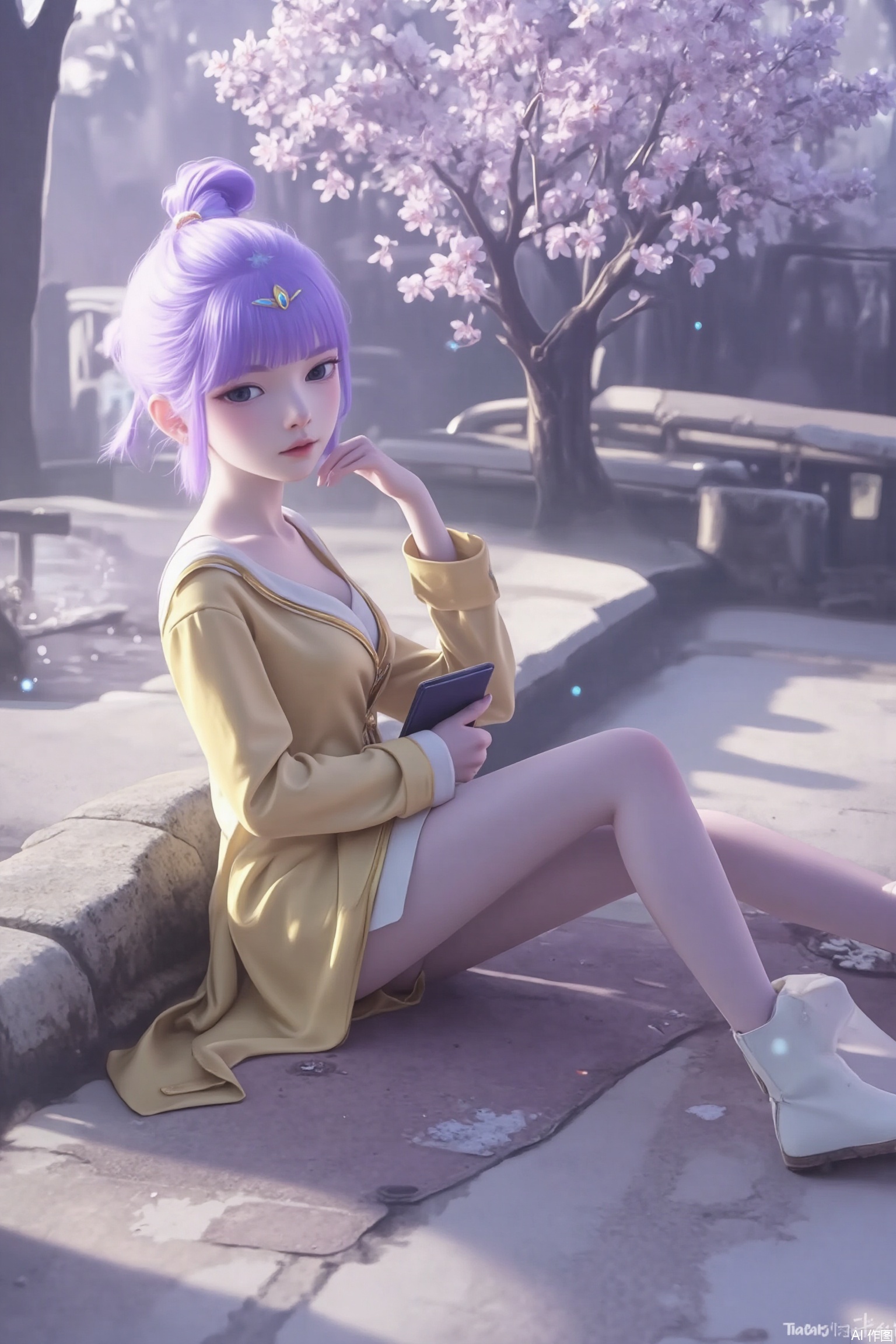 Quiet fairyland scene: a stunning beauty is sitting, and her delicate purple hair cleverly outlines her face. She has a book in her hand. Her charming posture shows her outstanding temperament. It complements the soft sunshine around her. In the distance, plum blossoms in full bloom and wind chimes hanging on them add a touch of vitality to the quiet scenery, as if frozen in time.1 girl, solo, purple hair, pantyhose, boots, blunt bangs, black eyes, single bun, yellow skirt, long sleeves and headdress.Close-up of the upper body