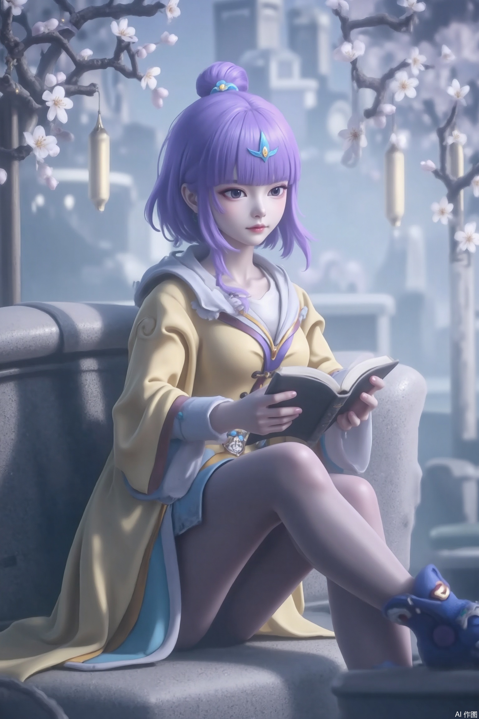 Quiet fairyland scene: a stunning beauty is sitting, and her delicate purple hair cleverly outlines her face. She has a book in her hand. Her charming posture shows her outstanding temperament. It complements the soft sunshine around her. In the distance, plum blossoms in full bloom and wind chimes hanging on them add a touch of vitality to the quiet scenery, as if frozen in time.1 girl, solo, purple hair, pantyhose, boots, blunt bangs, black eyes, single bun, yellow skirt, long sleeves and headdress.Close-up of the upper body,Updo,There is no hair on the shoulders.