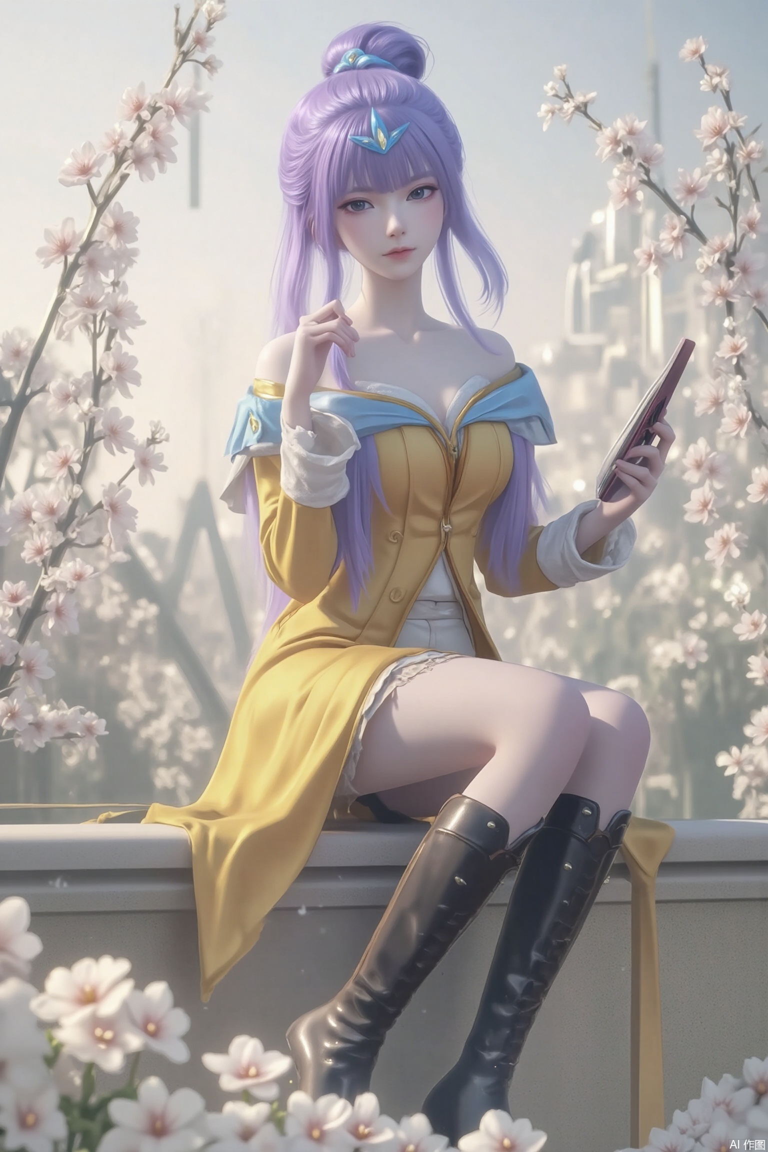 Quiet fairyland scene: a stunning beauty is sitting, and her delicate purple hair cleverly outlines her face. She has a book in her hand. Her charming posture shows her outstanding temperament. It complements the soft sunshine around her. In the distance, plum blossoms in full bloom and wind chimes hanging on them add a touch of vitality to the quiet scenery, as if frozen in time.1 girl, solo, purple hair, pantyhose, boots, blunt bangs, black eyes, single bun, yellow skirt, long sleeves and headdress.Close-up of the upper body,Updo,There is no hair on the shoulders.