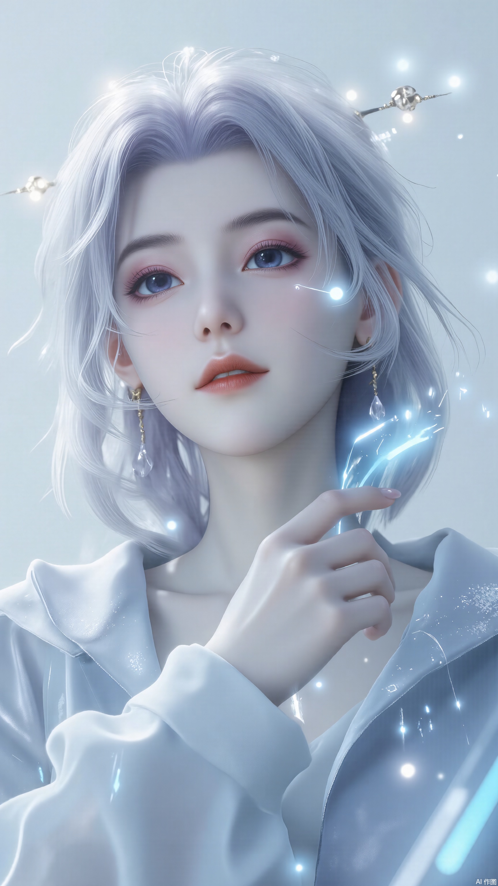 lxq,She wears a snow-white cloak, the light material flowing like floating clouds, with edges emitting a faint blue glow, as if woven from data. The cloak's hood half-shrouds her silver-white short hair, through which several strands of neon-like light shine, highlighting her porcelain-white flawless skin. In close-up, her face is pure and soft, her ice-blue eyes like two pools of liquid starlight, gentle yet carrying a hint of mechanical coolness. The 8K ultra-high-definition quality presents every detail to the extreme—the every crease of the cloak seems caressed by the wind, with extremely fine holographic patterns floating on its surface, occasionally flickering with weak digital light. Semi-transparent circuit marks are faintly visible at her collarbone, perfectly blending the technological feel of the cloak with an almost divine purity. The background is an infinitely extending white void, with only a few glowing data fragments slowly drifting down, like a silent electronic snowfall. She slightly lowers her head, the shadow of the cloak lightly covering half of her face, her smile faint and ambiguous. Here, cybernetic coldness and the gentleness of a young girl achieve a marvelous balance.,a young Asian woman,shanshui
