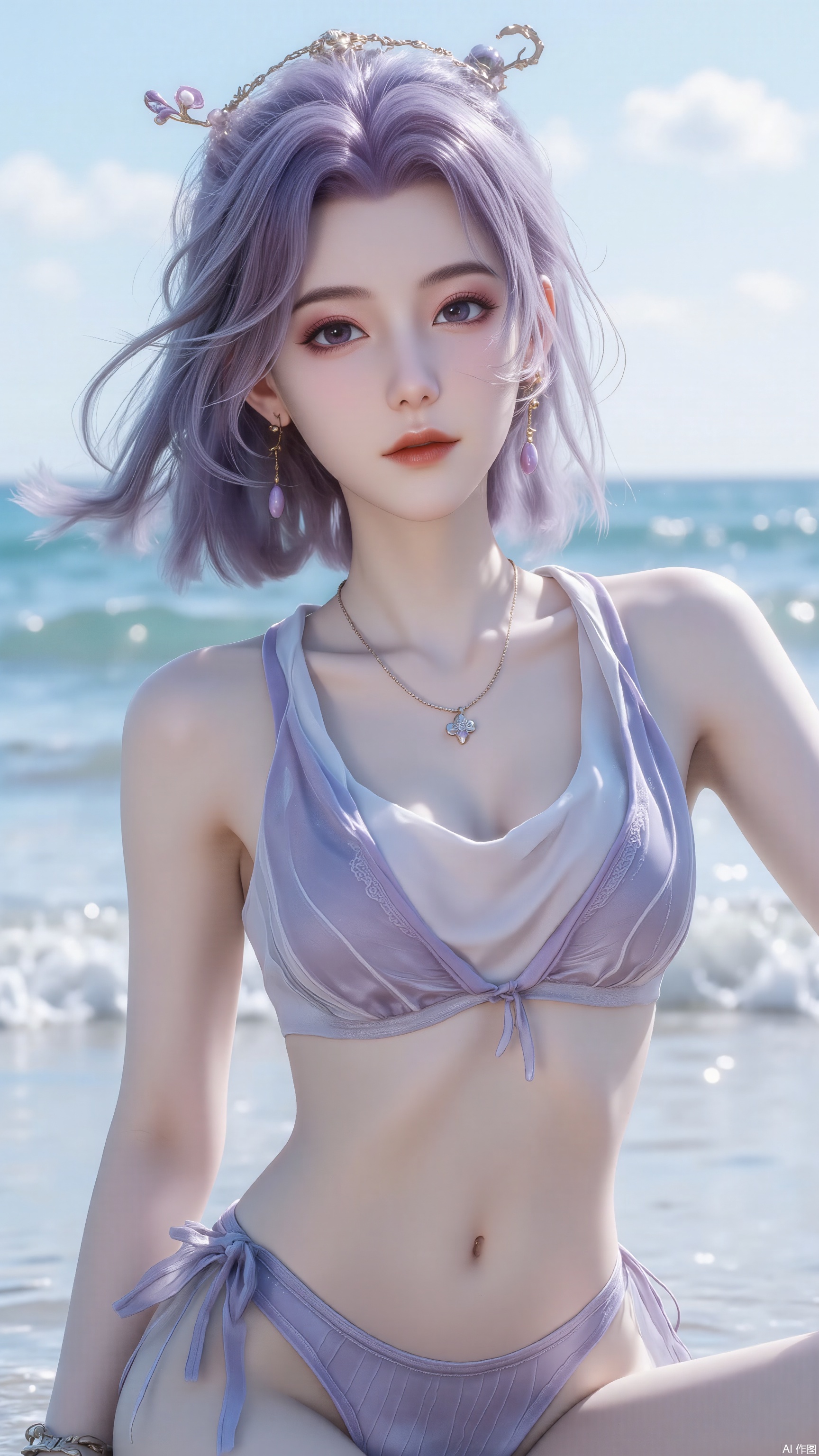 hair ornament, 1girl, solo, looking at viewer, smile, short hair, purple hair, navel, jewelry, sitting, swimsuit, bikini, earrings, outdoors, sky, day, cloud, water, necklace, bracelet, blue sky, lips, ocean, realistic,photo taken with a Canon EOS R6 Mark II Mirrorless camera in the style of 35mm f/8 aperture, intricate details.dlrb,hsw,forehead mark,qfl, XLDMHF,large natural breast,soft breasts,huge Breasts,cleavage posing for the magazine cover, professional photography with studio lighting,photo taken with a Canon EOS R6 Mark II Mirrorless camera in the style of 35mm f/8 aperture, intricate details.dlrb,hsw,hkgod,mohuan,large natural breast,soft breasts,huge Breasts,cleavage,ddw