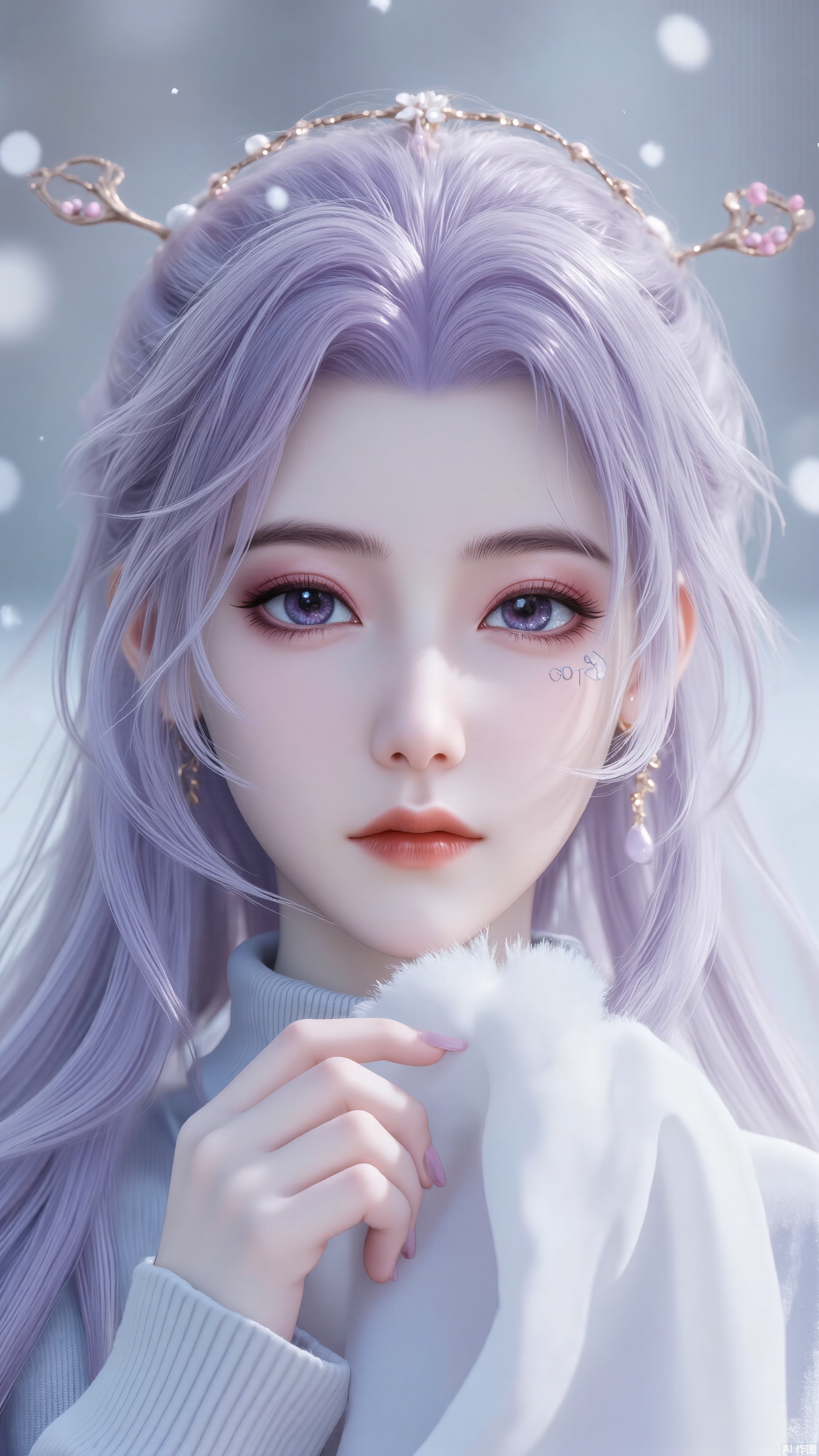 This is a highly detailed digital artwork in a realistic anime style. The subject is a young woman with pale, flawless skin and large, expressive blue eyes. She has long, silky, light purple hair adorned with small pink and white flowers. She wears a soft, pastel pink turtleneck sweater and holds a white, fluffy garment close to her face. The background is blurred with soft, cool colors, suggesting an outdoor, winter-like setting. Her expression is gentle and slightly melancholic. The lighting is soft, highlighting her delicate features and creating a serene, ethereal atmosphere. The overall composition is delicate and dreamlike.
