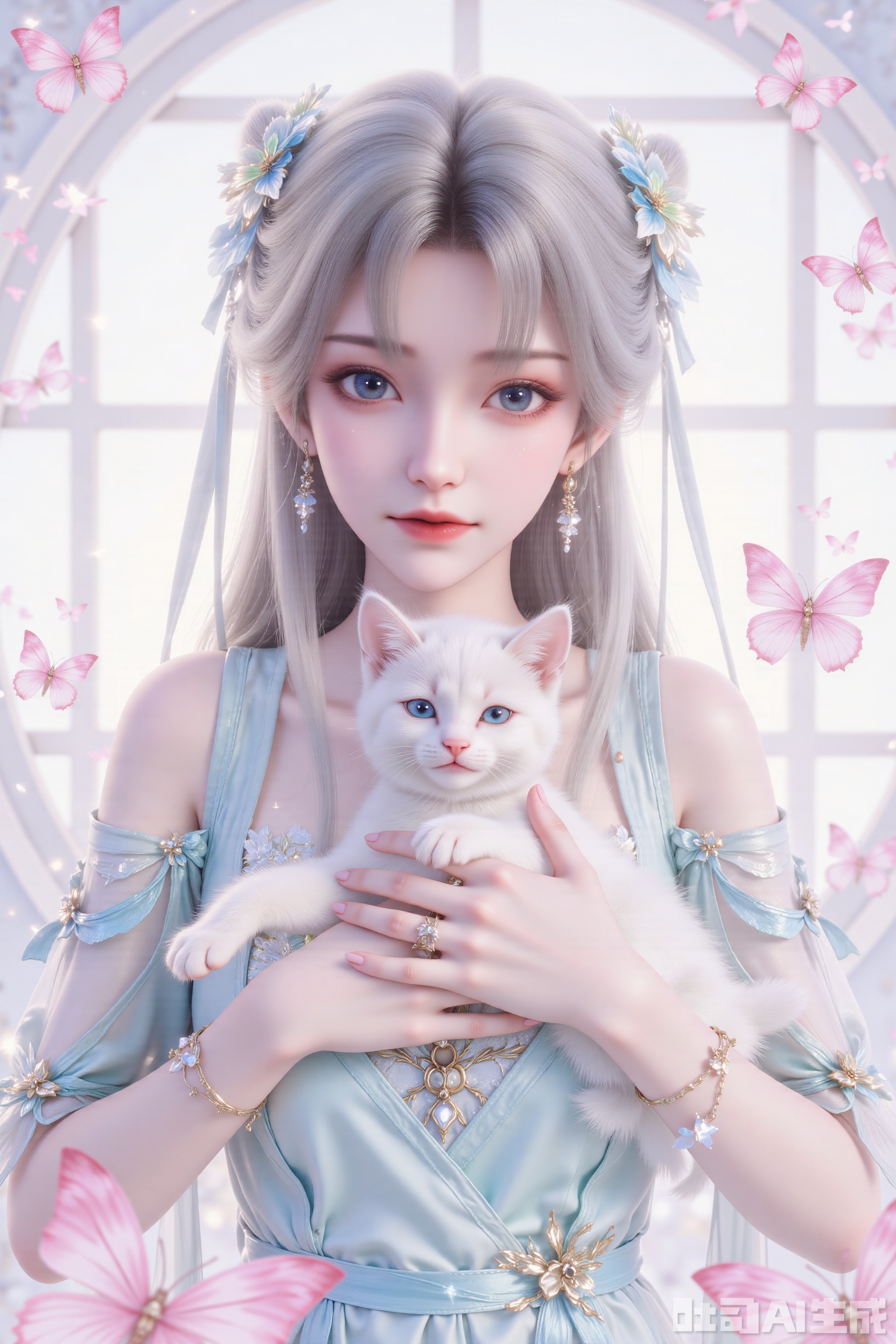A silver-haired catgirl with blue floral hairpins and freckles, wearing a light blue off-shoulder dress, gently holding a white kitten, surrounded by pink butterflies, soft pastel color palette, circular composition, dreamy and sweet atmosphere, sunlight from window, anime-style illustration with transparent watercolor texture, delicate and airy background