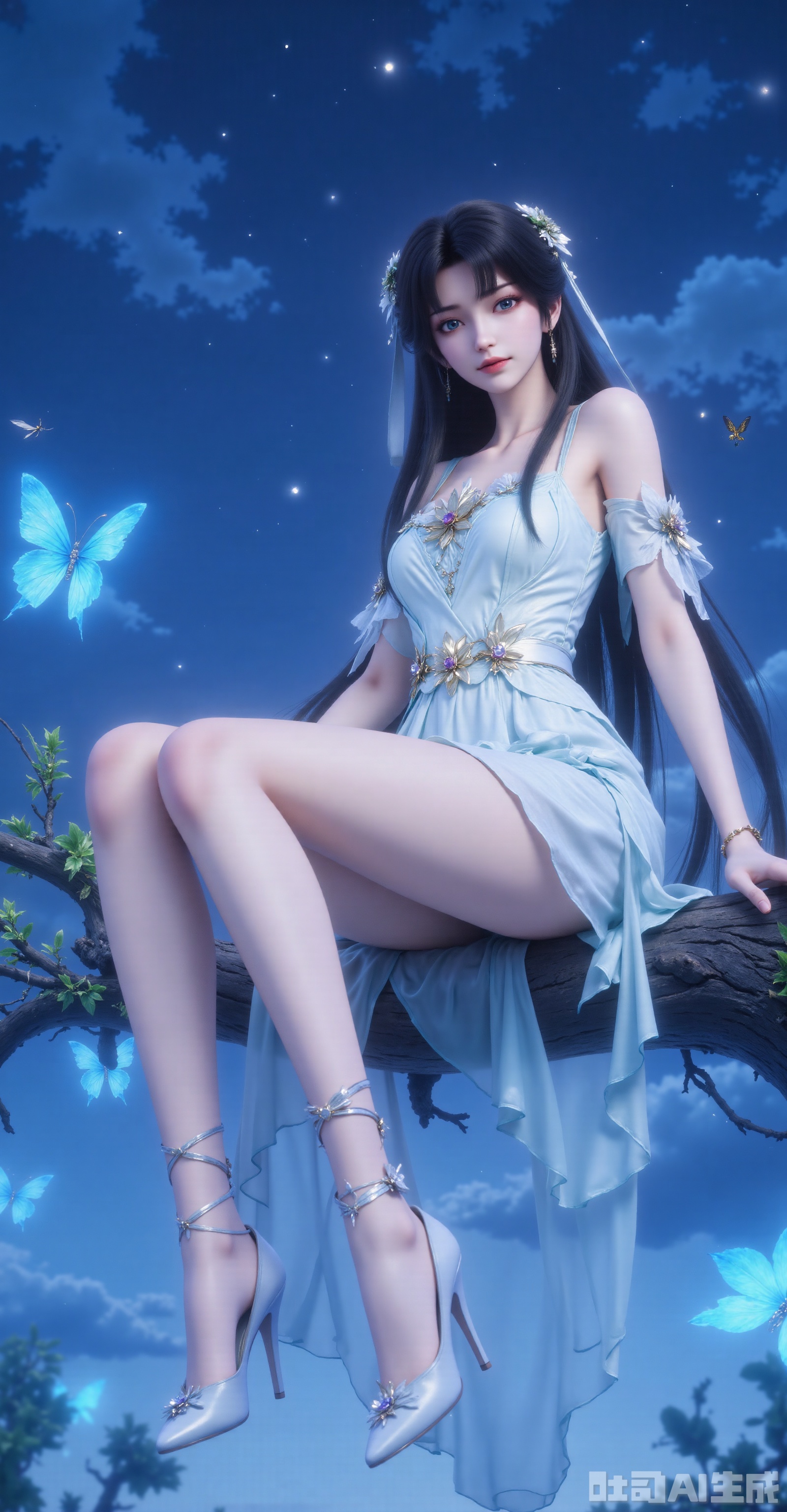 1girl, solo, long hair, black hair, twin tails, hair ornament, thighhighs, dress, bare shoulders, sitting, legs exposed, full body, detached sleeves, sky, white dress, high heels, night, bug, butterfly, branch