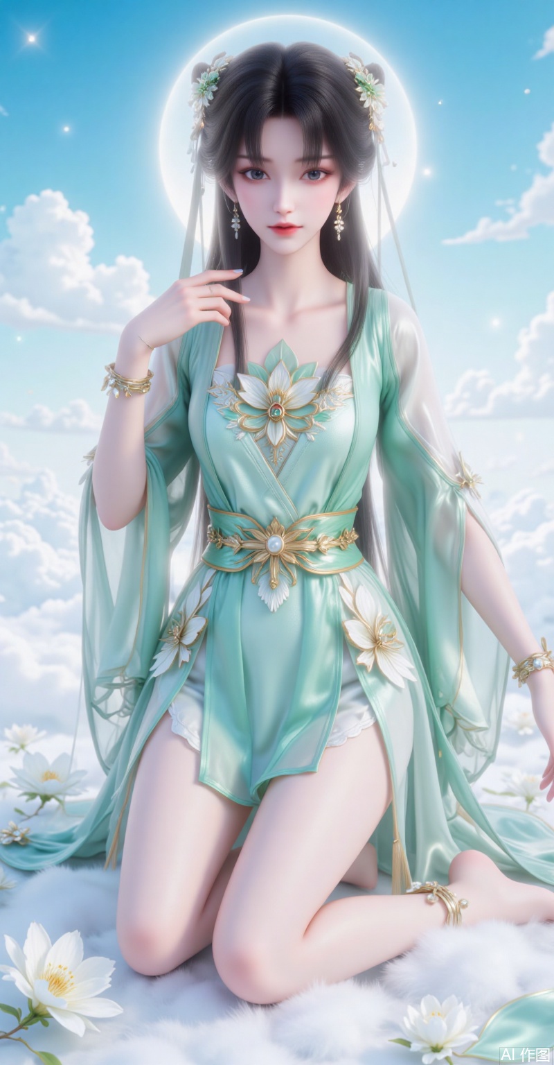 Chinese ancient fairy with black hair coiled into an elegant bun, adorned with light green glazed flowers and pearl hairpins, a delicate chain forehead ornament accentuating her features. Willow-leaf eyebrows frame almond-shaped eyes that shimmer with light, paired with soft pink lips. She wears a translucent cyan hanfu embroidered with white magnolia patterns and gold trims, with bare legs exposed, a golden waist ribbon tied neatly, and intricate floral gold bracelets on her wrists. Kneeling gracefully on clouds, her left hand is raised, while semi-transparent silk ribbons flow behind her. The background features a gradient azure sky veiled in mist, surrounded by an ethereal halo, adopting a cool-toned palette in the neo-traditional gongbi painting style, with hyper-detailed 8K quality.