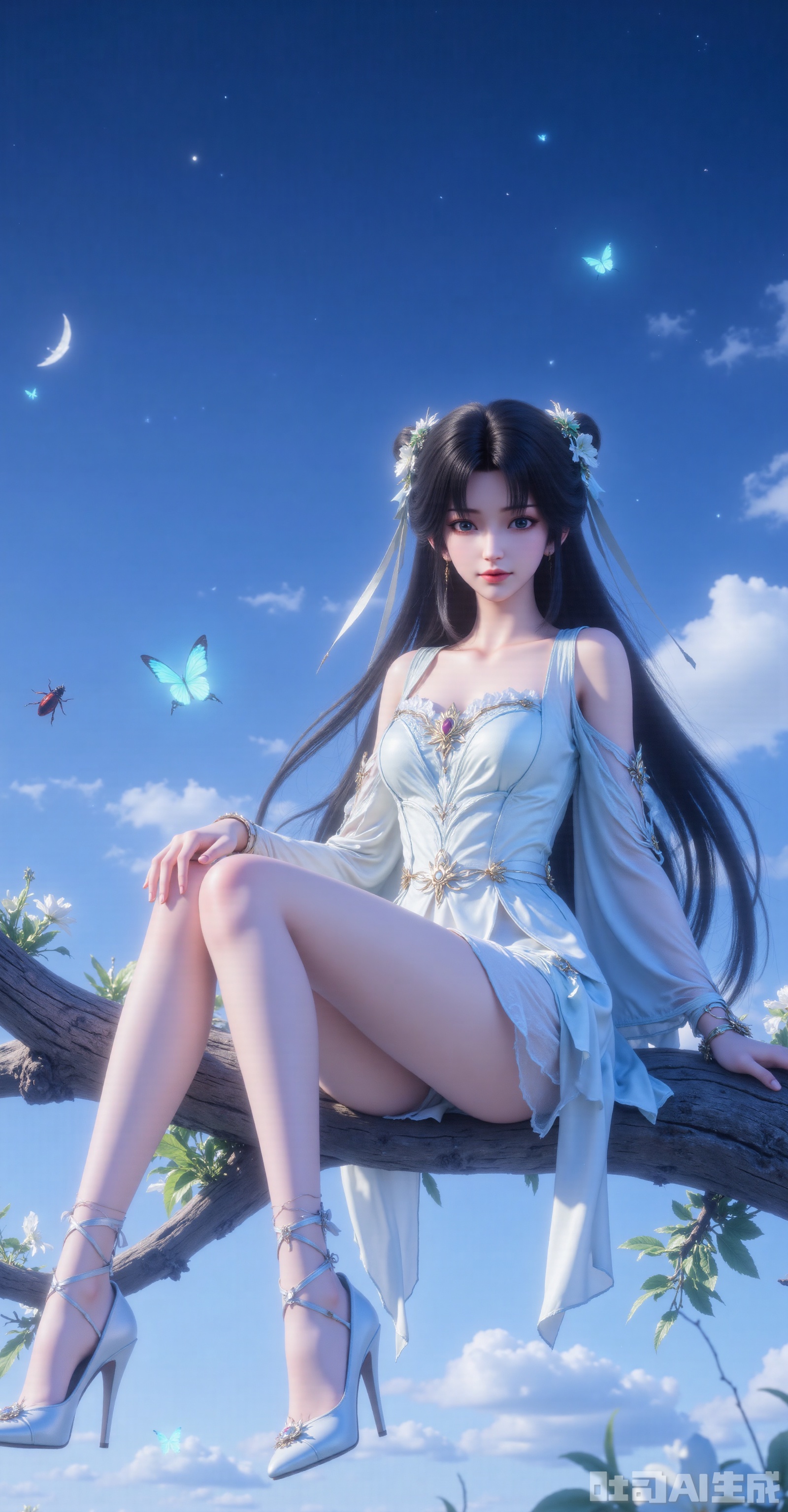 1girl, solo, long hair, black hair, twin tails, hair ornament, thighhighs, dress, bare shoulders, sitting, legs exposed, full body, detached sleeves, sky, white dress, high heels, night, bug, butterfly, branch