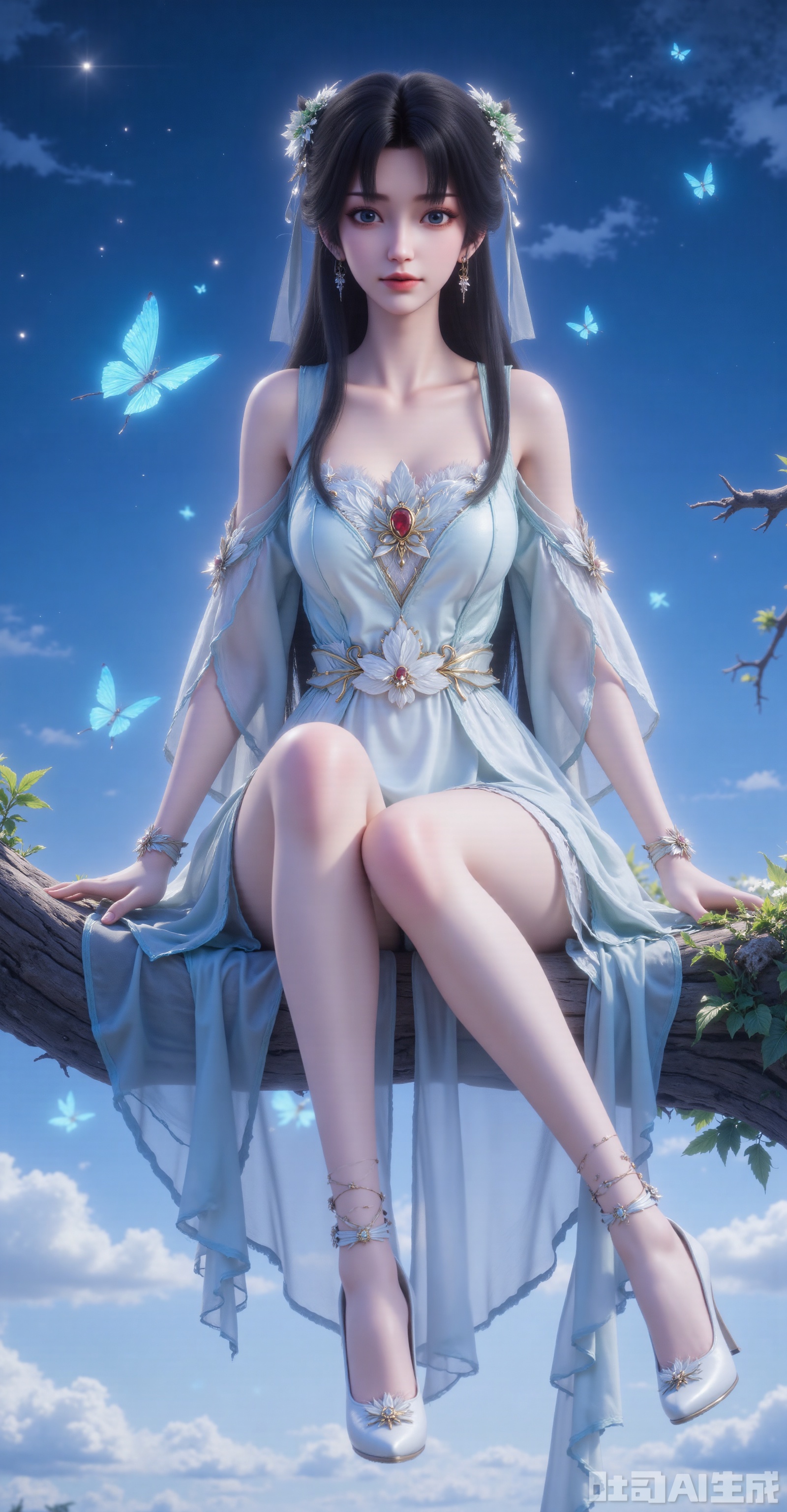 1girl, solo, long hair, black hair, twin tails, hair ornament, thighhighs, dress, bare shoulders, sitting, legs exposed, full body, detached sleeves, sky, white dress, high heels, night, bug, butterfly, branch