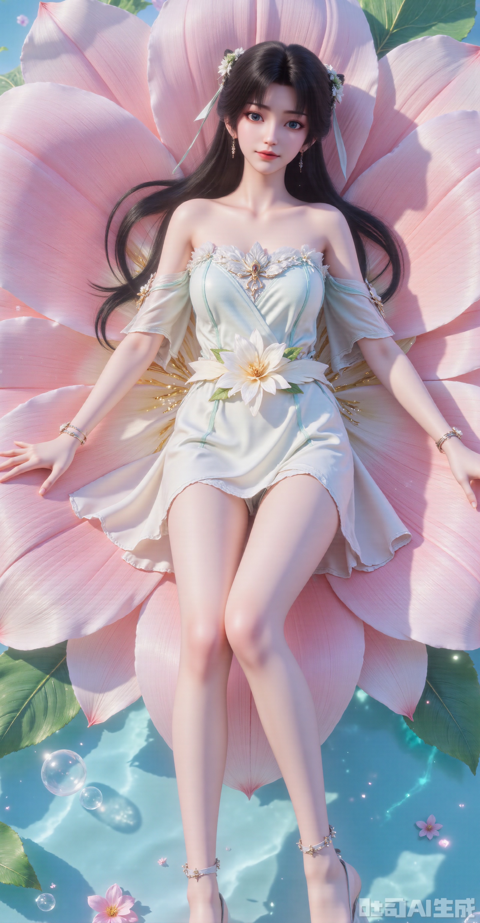 A maiden as delicate as a petal lounges lazily in a giant flower, her black hair styled in twin tails. Wrapped only in a simple bath towel, she exudes a unique blend of sensuality and purity. Her slender legs, set against the flower's petals, showcase beautiful lines and confidence. Light, transparent bubbles float around her, while colorful光影(light and shadow) adds a dreamy, childlike charm to the scene. The girl's warm, innocent smile seems to merge her with the flower. The entire setting overflows with romantic, sexy, and natural allure, leaving viewers enchanted.