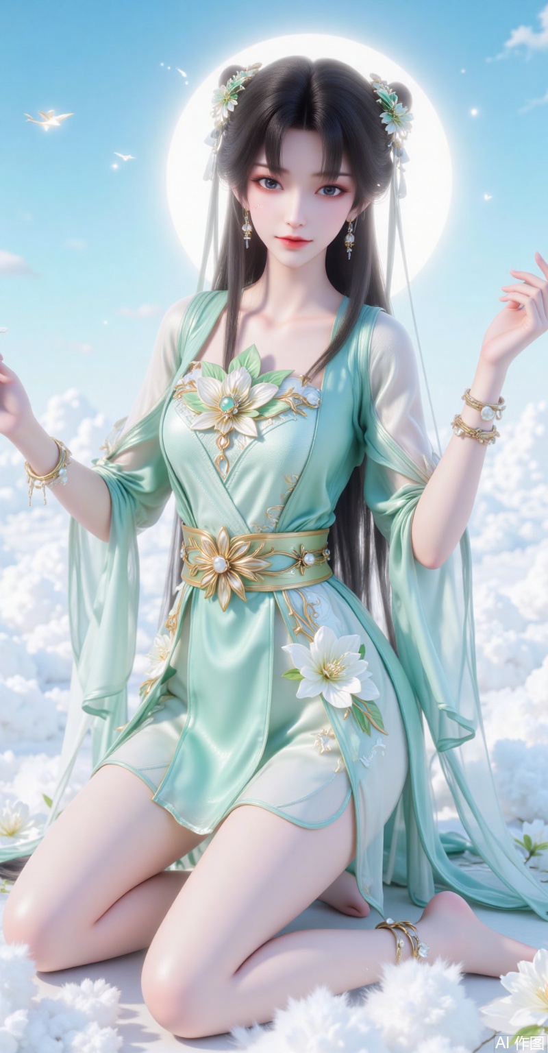 Chinese ancient fairy with black hair coiled into an elegant bun, adorned with light green glazed flowers and pearl hairpins, a delicate chain forehead ornament accentuating her features. Willow-leaf eyebrows frame almond-shaped eyes that shimmer with light, paired with soft pink lips. She wears a translucent cyan hanfu embroidered with white magnolia patterns and gold trims, with bare legs exposed, a golden waist ribbon tied neatly, and intricate floral gold bracelets on her wrists. Kneeling gracefully on clouds, her left hand is raised, while semi-transparent silk ribbons flow behind her. The background features a gradient azure sky veiled in mist, surrounded by an ethereal halo, adopting a cool-toned palette in the neo-traditional gongbi painting style, with hyper-detailed 8K quality.