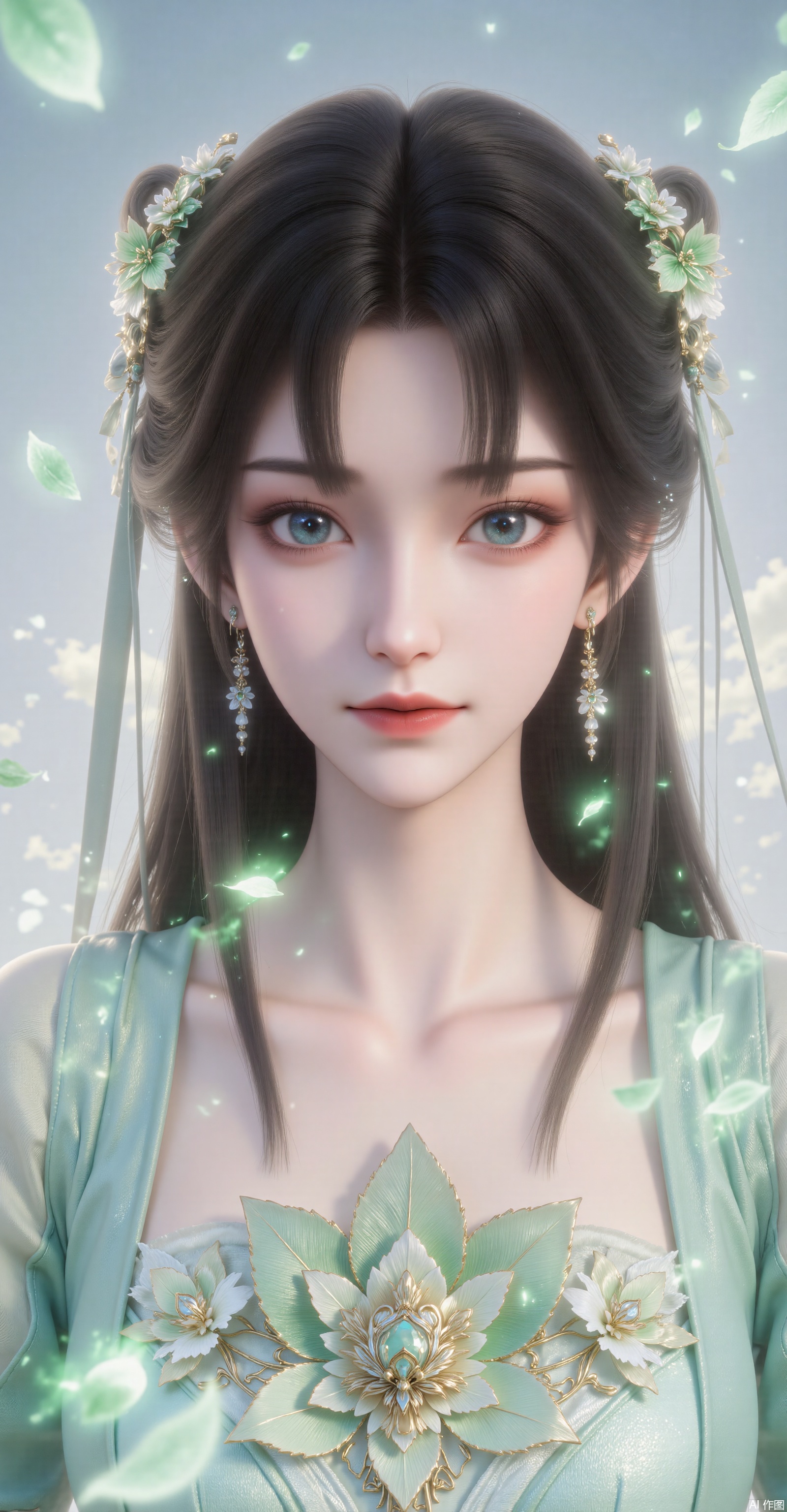 「Ancient-style fairy, delicate young woman, long black hair, light green floral hair accessories, flowing ribbons, slender eyebrows, clear blue eyes, soft pink lips, flower-shaped earrings, faint green halo, dynamic light trails, misty dreamy background, falling petals, soft lighting filter, ethereal and beautiful, xianxia style, highly detailed, 8k resolution」