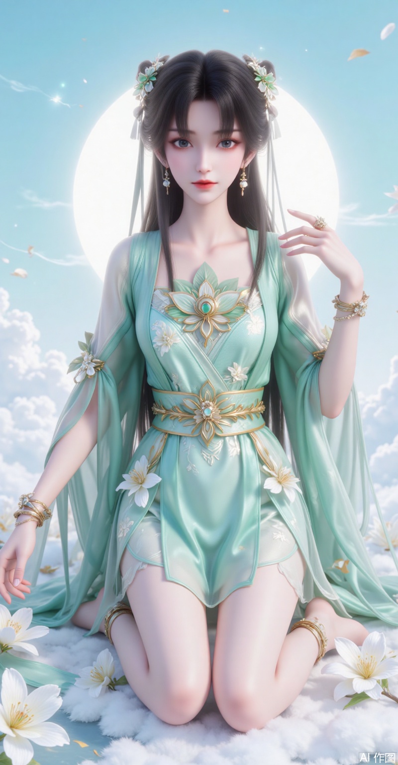 Chinese ancient fairy with black hair coiled into an elegant bun, adorned with light green glazed flowers and pearl hairpins, a delicate chain forehead ornament accentuating her features. Willow-leaf eyebrows frame almond-shaped eyes that shimmer with light, paired with soft pink lips. She wears a translucent cyan hanfu embroidered with white magnolia patterns and gold trims, with bare legs exposed, a golden waist ribbon tied neatly, and intricate floral gold bracelets on her wrists. Kneeling gracefully on clouds, her left hand is raised, while semi-transparent silk ribbons flow behind her. The background features a gradient azure sky veiled in mist, surrounded by an ethereal halo, adopting a cool-toned palette in the neo-traditional gongbi painting style, with hyper-detailed 8K quality.