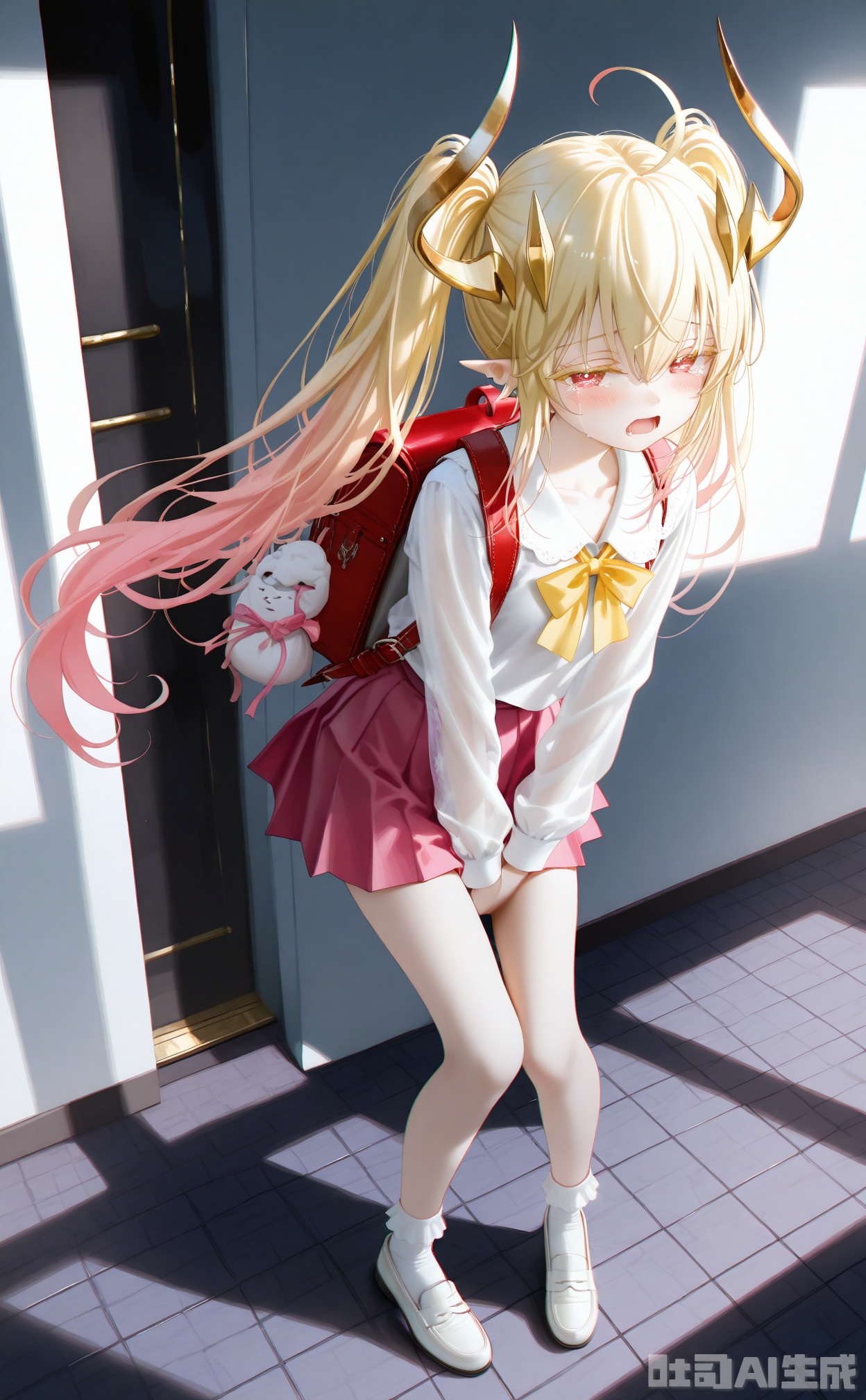 masterpiece,very aware,highres,absurdres,newest,best quality,loli,petite,high quality,chromatic_aberration,White Theme,
//,
battlemage_neopresencia,1girl,solo,gradient hair,blonde hair,long hair,ahoge,red eyes,horns,twintails,pointy ears, looking at viewer, blush, open mouth, bangs, skirt, shirt, long sleeves, bow, ribbon, holding, hair between eyes, twintails, school uniform,  standing, collarbone, full body, pleated skirt, shoes, socks, collared shirt, indoors, tears, miniskirt, bag, leaning forward, red skirt, watermark, white footwear, backpack, blue shirt, yellow bow, between legs, pink skirt, v arms, hand between legs, yellow ribbon, tiles, holding bag, tile floor, have to pee,half-closed eyes,
long eyelashes,colored eyelashes,floating hair,see-through clothes,lace,dynamic angle,dynamic pose,Dynamic hair
//,
photorealistic,Artist:na-ga,(quasarcake:0.2),(wanke:0.9),[Artist:chen bin],Artist:tidsean,[Artist:sk (askzy)],(artist:tokkyu:0.5),(artist:momoko (momopoco):0.5),Artist:himitsu_(hi_mi_tsu_2),