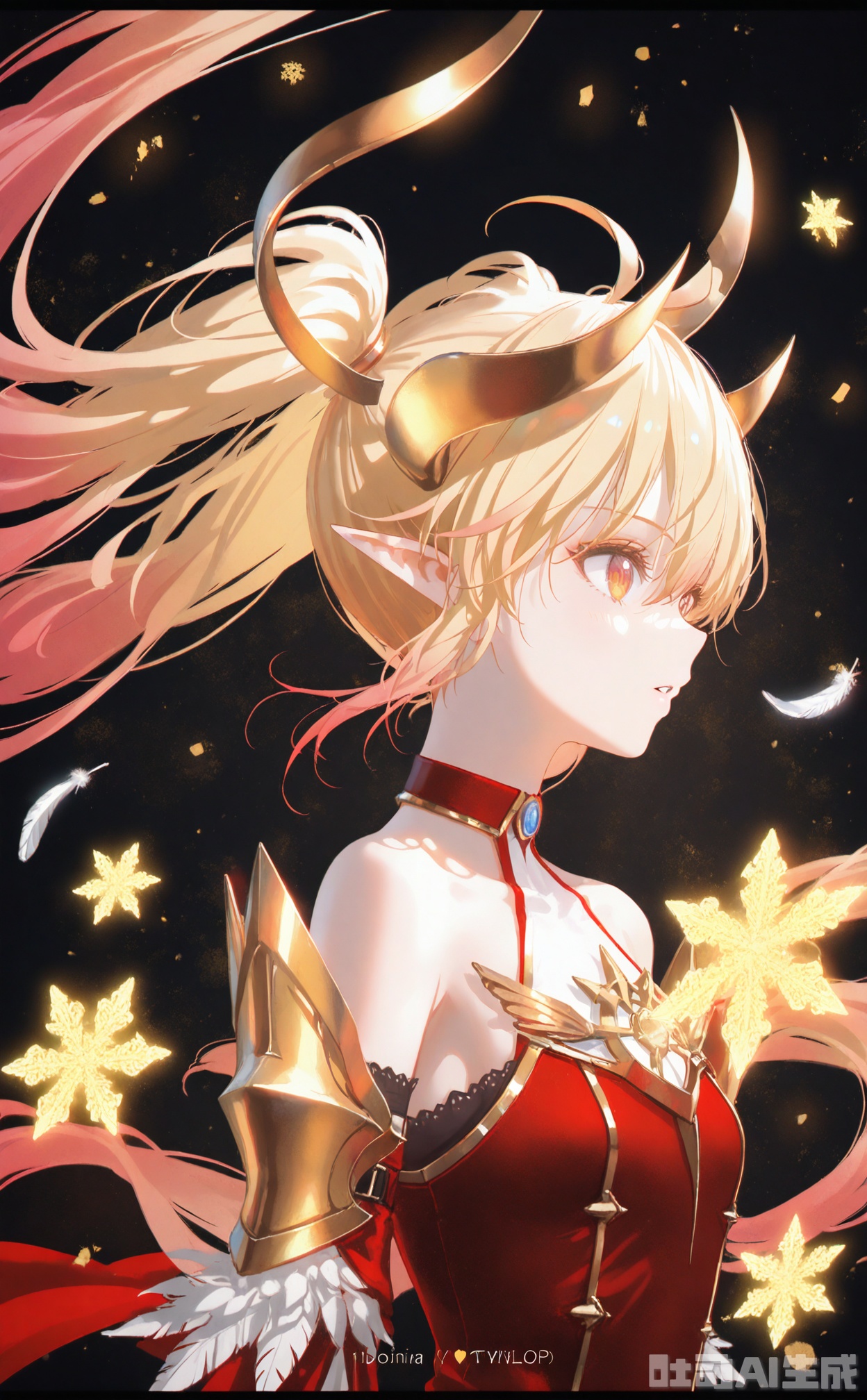 battlemage_neopresencia,1girl,solo,gradient hair,blonde hair,long hair,ahoge,orange eyes,horns,twintails,pointy ears,red dress,two-tone dress,feathers,gold trim,armor,detached sleeves,bare shoulders, parted lips, from side, english text, profile, letterboxed, snowflakes, (Tyndall Effect 1.4), (wlop:0.8),((artist:reoen),(artist:fuzichoco),(artist:atdan),(artist:torino_aqua),year 2024:0.8),[artist:wlop],[artist:ningen_mame],artist:ciloranko,[[artist:rhasta]],artist:tidsean,colorful,best quality,very aesthetic,absurdres,32K UHD,sharp focus,best-quality,Emotionalization,temperate atmosphere,with a high-end texture,in the style of fashion photography,Dynamic, dynamic force picture, (Visual impact:1.2),impactful picture,offcial art,zero