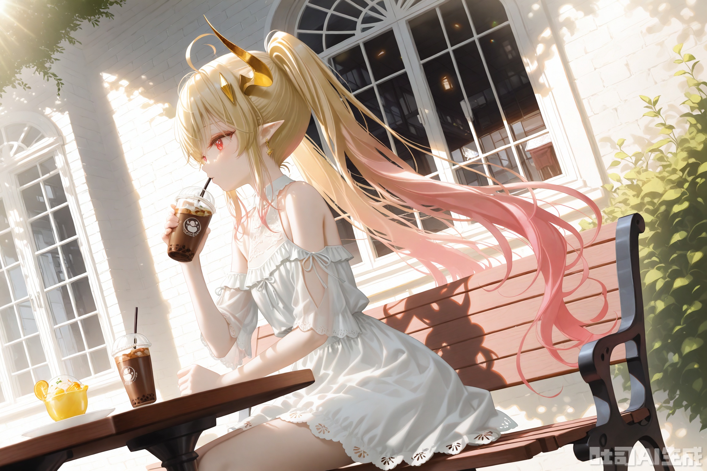 masterpiece,very aware,highres,absurdres,newest,best quality,loli,petite,high quality,chromatic_aberration,White Theme,
//,
battlemage_neopresencia,1girl,solo,gradient hair,blonde hair,long hair,ahoge,red eyes,horns,twintails,pointy ears, 
long eyelashes,colored eyelashes,floating hair,see-through clothes,lace,dynamic angle,dynamic pose,Dynamic hair, holding drink, drink, casual outfit, white top, sitting, outdoor, table, looking away, sitting at table, holding cup, holding plastic cup, holding iced coffee, sitting on bench, white wall, window, sunlight, shadow, day, summer,
//,
photorealistic,Artist:na-ga,(quasarcake:0.2),(wanke:0.9),[Artist:chen bin],Artist:tidsean,[Artist:sk (askzy)],(artist:tokkyu:0.5),(artist:momoko (momopoco):0.5),Artist:himitsu_(hi_mi_tsu_2),