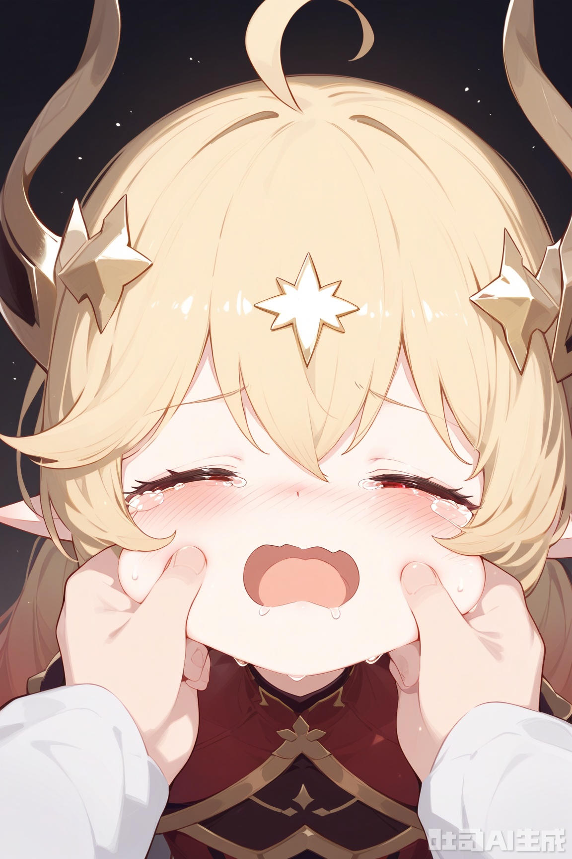 battlemage_neopresencia,1girl,solo,gradient hair,blonde hair,long hair,ahoge,red eyes,horns,twintails,pointy ears, blush, open mouth, bangs,gold trim,armor, hair ornament, long sleeves, 1boy, dress, jewelry, closed eyes, solo focus, tears, , pov, crying, tearing up, pov hands,pinching,cheek pinching, cheek pull,,loli,
