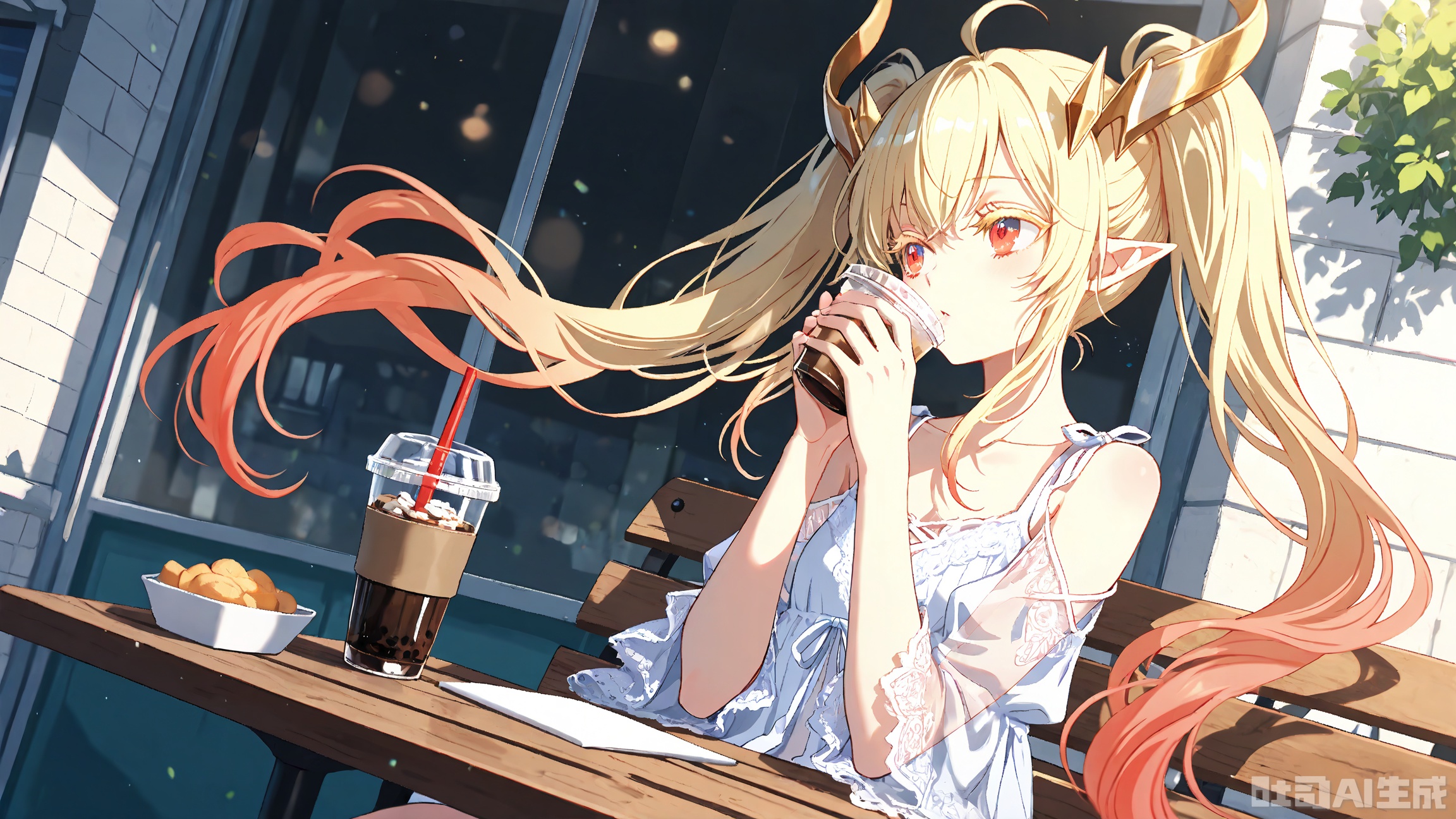 masterpiece, best quality, high quality, extremely detailed CG unity 8k wallpaper, extremely detailed, High Detail, perfect hands, vibrant colors, anime style, cover art, illustration, depth of field, sharp focus, impactful picture, official art, (chocoan:0.5), (mika Pikazo:0.4), (artist: sheya:0.5), (wlop:0.4), 

masterpiece,best quality,high quality,loli,chromatic_aberration,//,battlemage_neopresencia,1girl,solo,gradient hair,blonde hair,long hair,ahoge,red eyes,horns,twintails,pointy ears, 
long eyelashes,colored eyelashes,floating hair,see-through clothes,lace,dynamic angle,dynamic pose,Dynamic hair, holding drink, drink, casual outfit, white top, sitting, outdoor, table, looking away, sitting at table, holding cup, holding plastic cup, holding iced coffee, sitting on bench, white wall, window, sunlight, shadow, day, summer,

A young woman with long, flowing hair sits at an outdoor table, holding a drink in her hands. The sunlight casts shadows on the white wall behind her, creating a warm and inviting atmosphere.