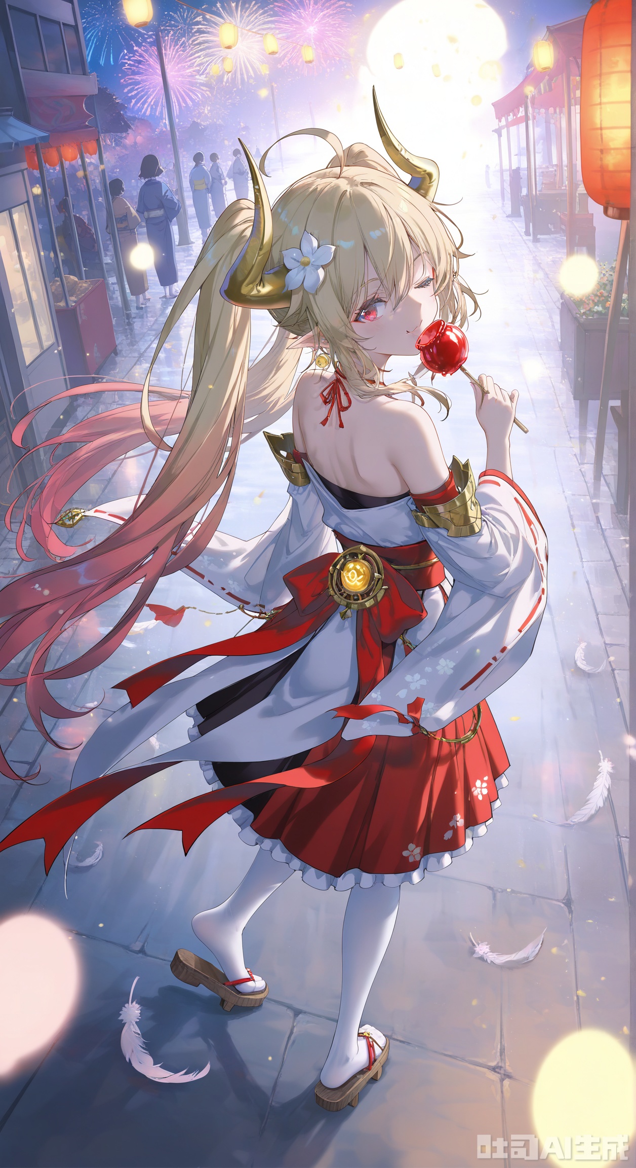 ,battlemage_neopresencia,1girl,solo,gradient hair,blonde hair,long hair,ahoge,red eyes,horns,twintails,pointy ears,Kimono,japanese_clothes,feathers,gold trim,Japanese miko,bare shoulders,naughty_smile,wink,one eye closed,white pantyhose,ankle,foot focus,on one leg,Clogs,wooden sandals,heel,holding a candy apple,ringo ame,eating,biten candy apple,Summer Festival,fireworks,scenery,from behind,looking back,Street vendor,walking,
, (wlop:0.8),((artist:reoen),(artist:fuzichoco),(artist:atdan),(artist:torino_aqua),year 2024:0.8),[artist:wlop],[artist:ningen_mame],artist:ciloranko,[[artist:rhasta]],artist:tidsean,colorful,best quality,very aesthetic,absurdres,32K UHD,sharp focus,best-quality,Emotionalization,temperate atmosphere,with a high-end texture,in the style of fashion photography,Dynamic, dynamic force picture, (Visual impact:1.2),impactful picture,offcial art,from above