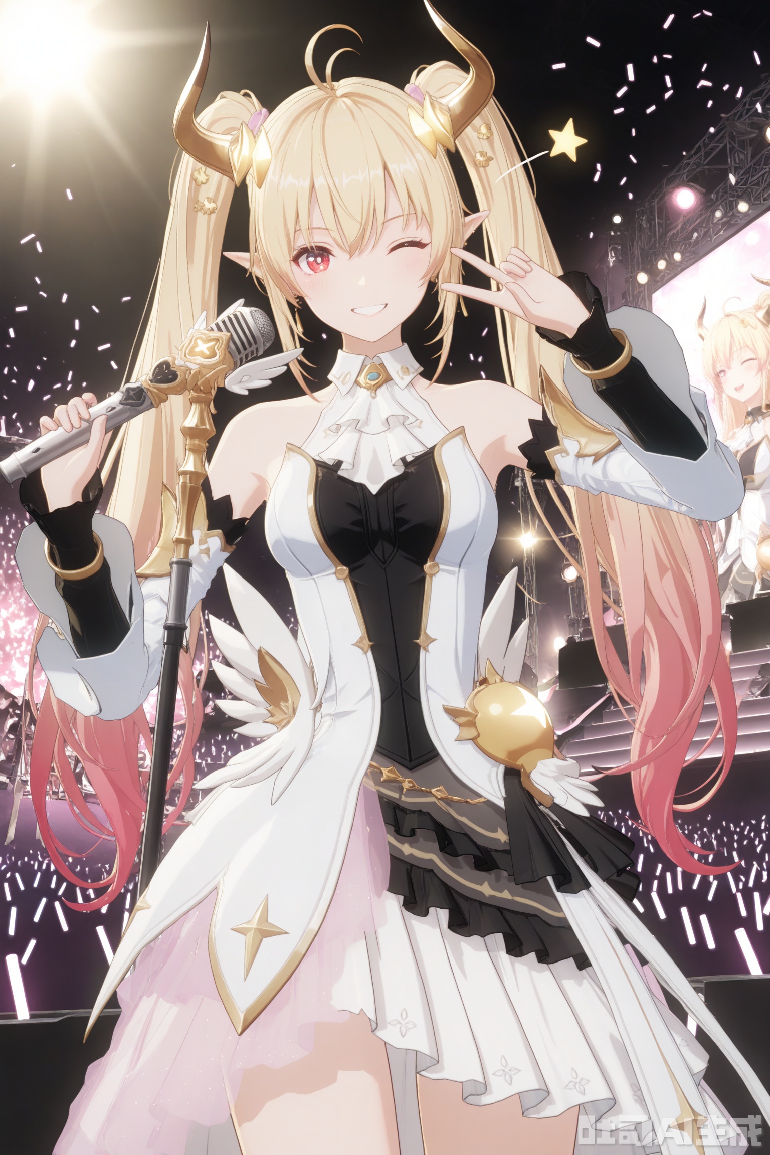 masterpiece,bestquality,4k,3d,animescreencap,{{masterpiece}},illustration,best quality,extremely detailed cg unity 8k wallpaper,original,high resolution,{{{{{extremely delicate and beautiful girl}}}}},battlemage_neopresencia,1girl,solo,gradient hair,blonde hair,long hair,ahoge,red eyes,horns,twintails,pointy ears, frills, detached sleeves, sleeveless,happy,smile,front view,white dress,cowboy shot,microphone, music,wink,one eye closed,finget heart, microphone stand, stage, glowstick, concert,