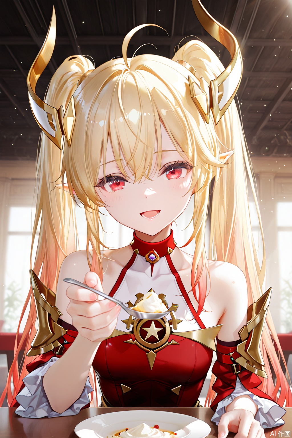  battlemage_neopresencia,1girl,solo,gradient hair,blonde hair,long hair,ahoge,red eyes,horns,twintails,pointy ears,red dress,two-tone dress,feathers,gold trim,armor,detached sleeves,bare shoulders,soft gentle eyes,gentle expression,open mouth,light smile,holding spoon,feed,feeding service,incoming spoon,across table,depth of field, light particles, lens flare, masterpiece,best quality,((artist:reoen),(artist:fuzichoco),(artist:atdan),(artist:torino_aqua:0.5),year 2024:0.5),(artist:omone_hokoma_agm:0.8), 2d, anime,pov