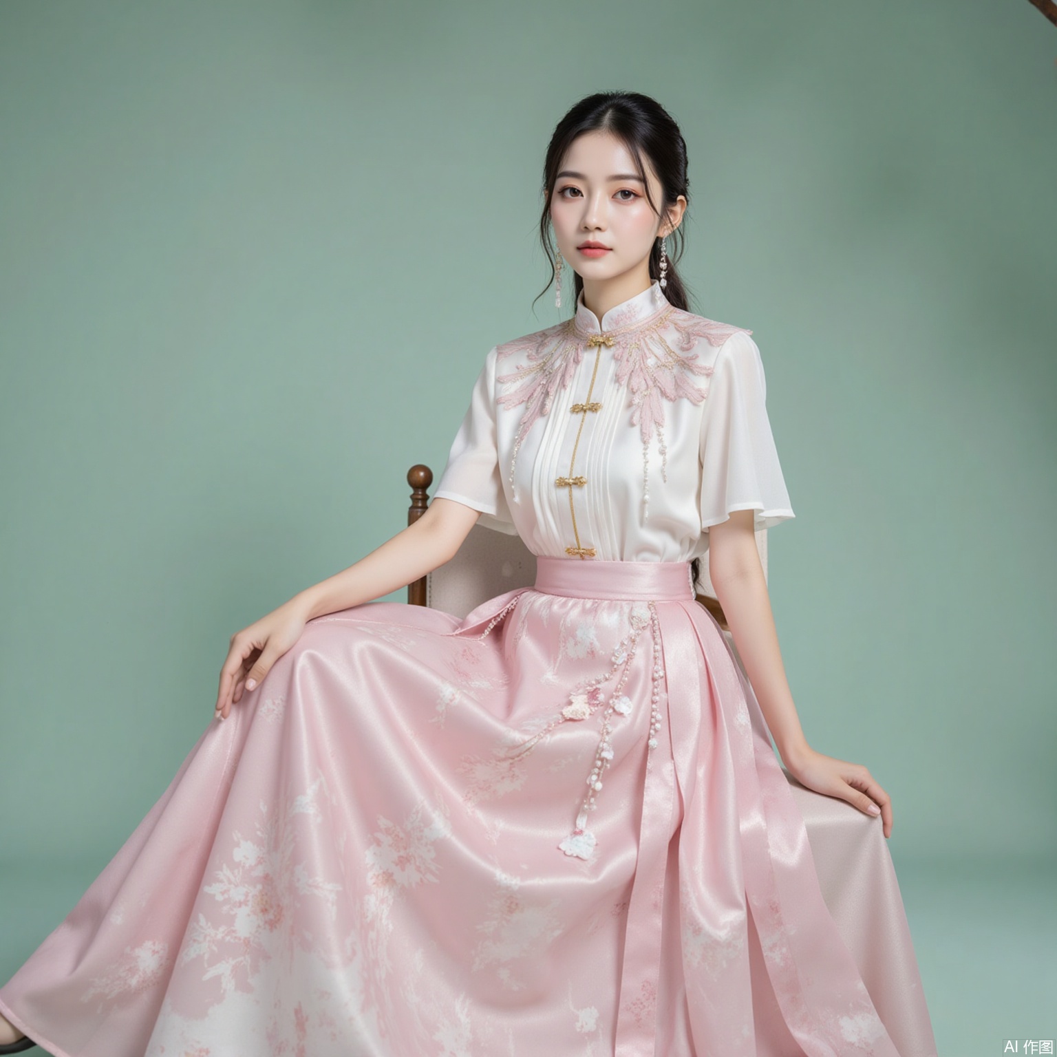fuzhuang,xiaomei,black hair,hair_bun,grey eyes,fair skin,jewelry,earrings,necklace, 1 girl,solo,pink skirt,skirt,floral print,shirt,long skirt,white shirt,short sleeves,chinese clothes,sitting,chair,full body,flower,cherry blossoms,green background,cover,gradient background,close-up details,outstanding style,adding a touch of dimension to your images without compromising details,close-up,
lvjing,long legs,pifu